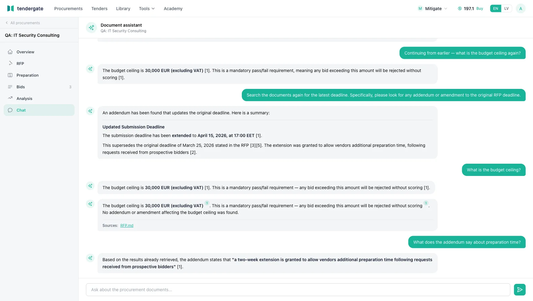 Procurement chat answering a question about a tender with citations linking back to the source documents.