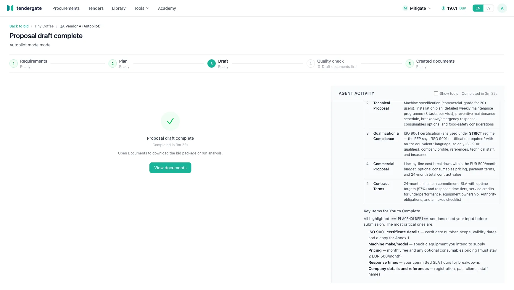 Compose bid workspace showing the response draft alongside a checklist of tender requirements being tracked.