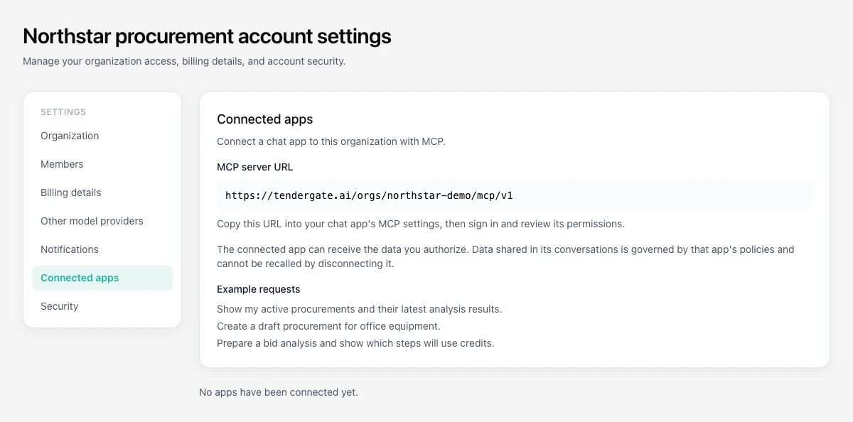 Tendergate Connected apps settings with an organization-specific MCP URL and example requests, shown with fictional demo details.