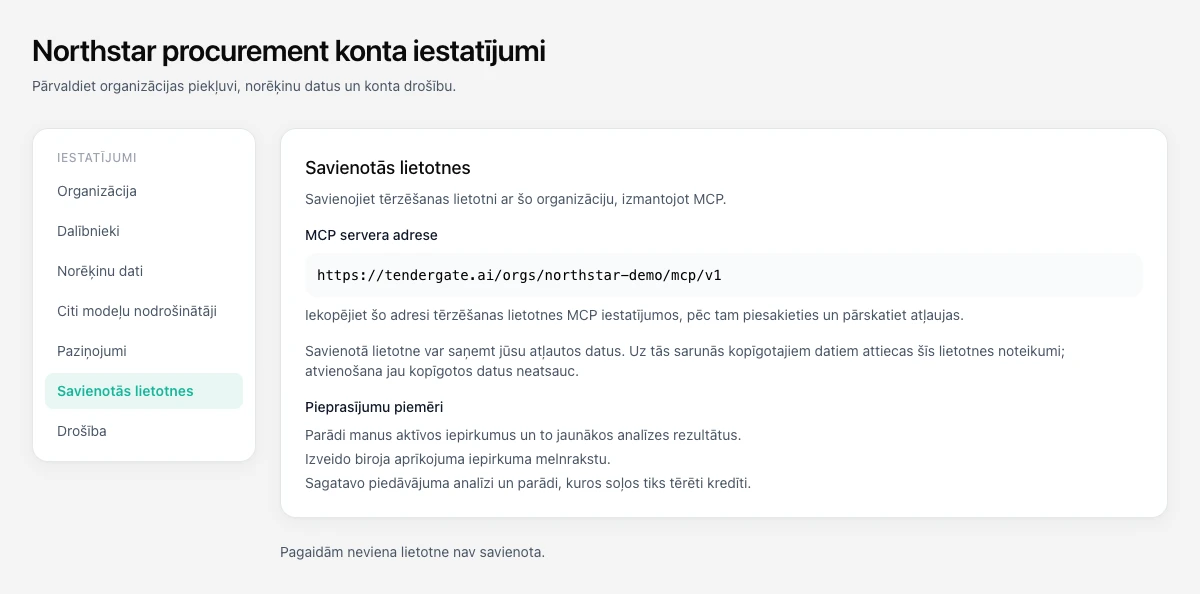 Tendergate savienoto lietotņu iestatījumi ar organizācijas MCP adresi un pieprasījumu piemēriem; izmantoti izdomāti demonstrācijas dati.