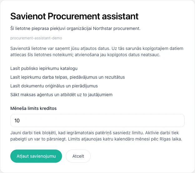 Tendergate savienojuma apstiprināšanas ekrāns ar pieprasītajām atļaujām un mēneša kredītu limitu; izmantoti izdomāti demonstrācijas dati.