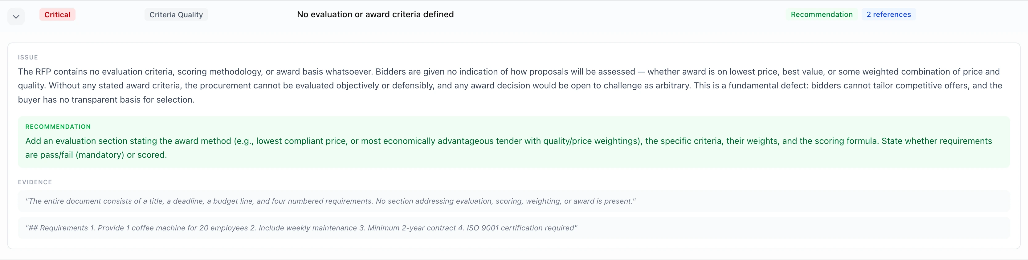 Expanded critical RFP quality finding with issue explanation, recommended correction, and quoted source evidence.