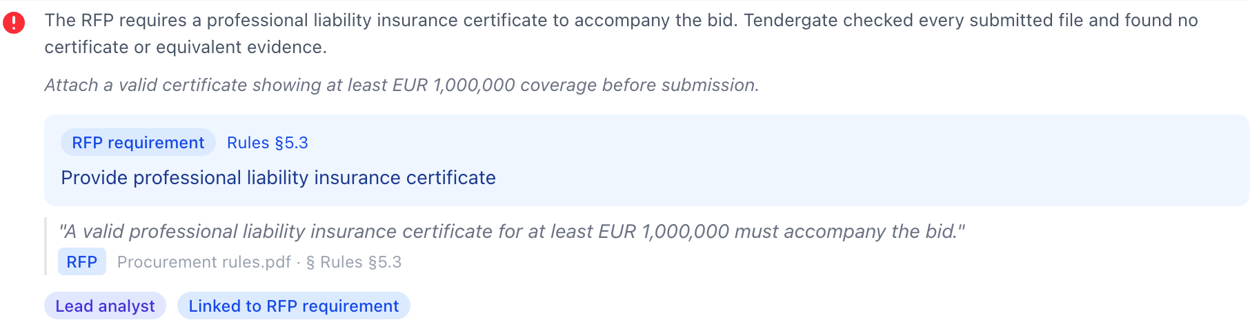 Expanded bid-review finding with a source quotation, document reference, and recommended action.