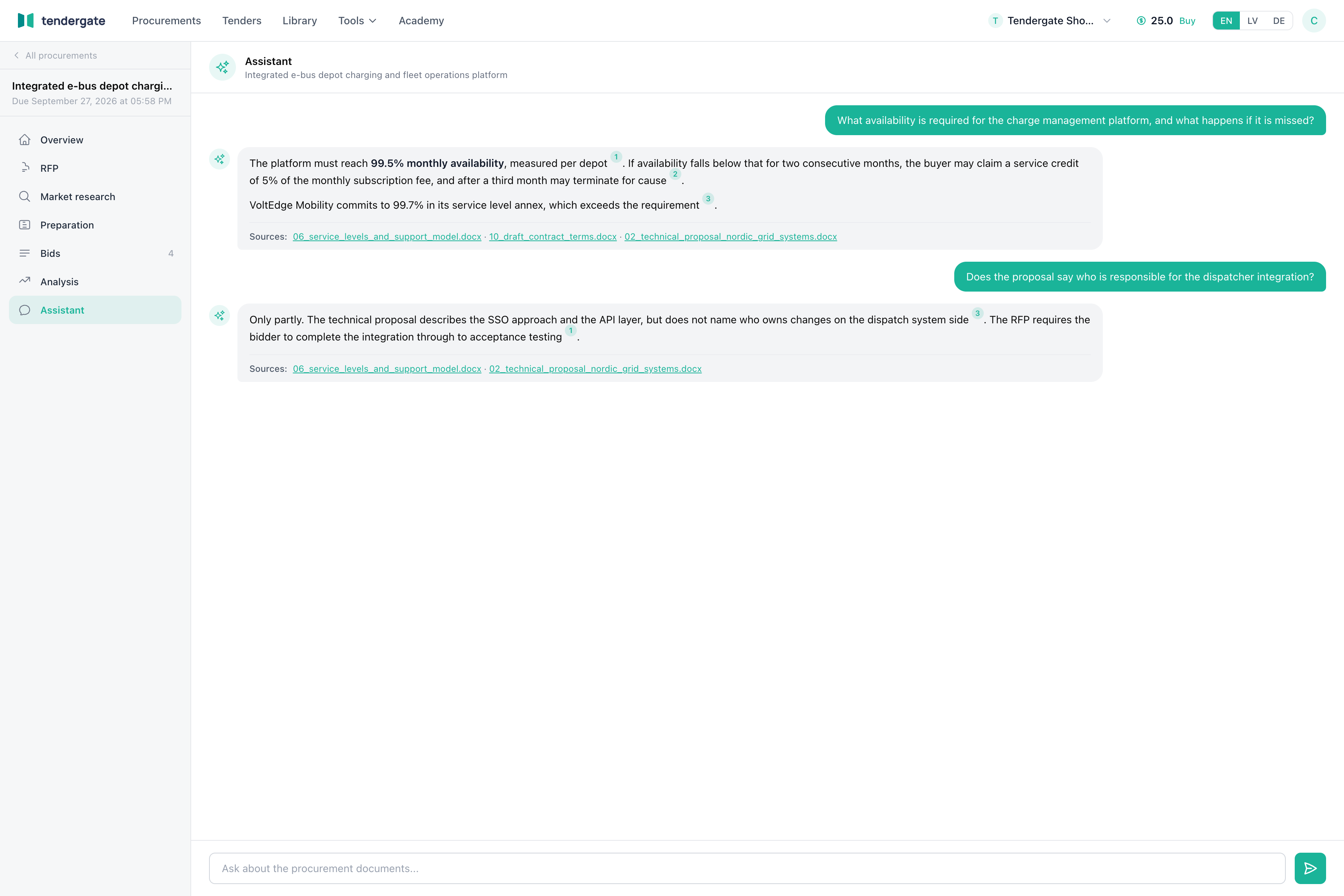 Assistant conversation with a question, a cited answer, and the source documents listed.