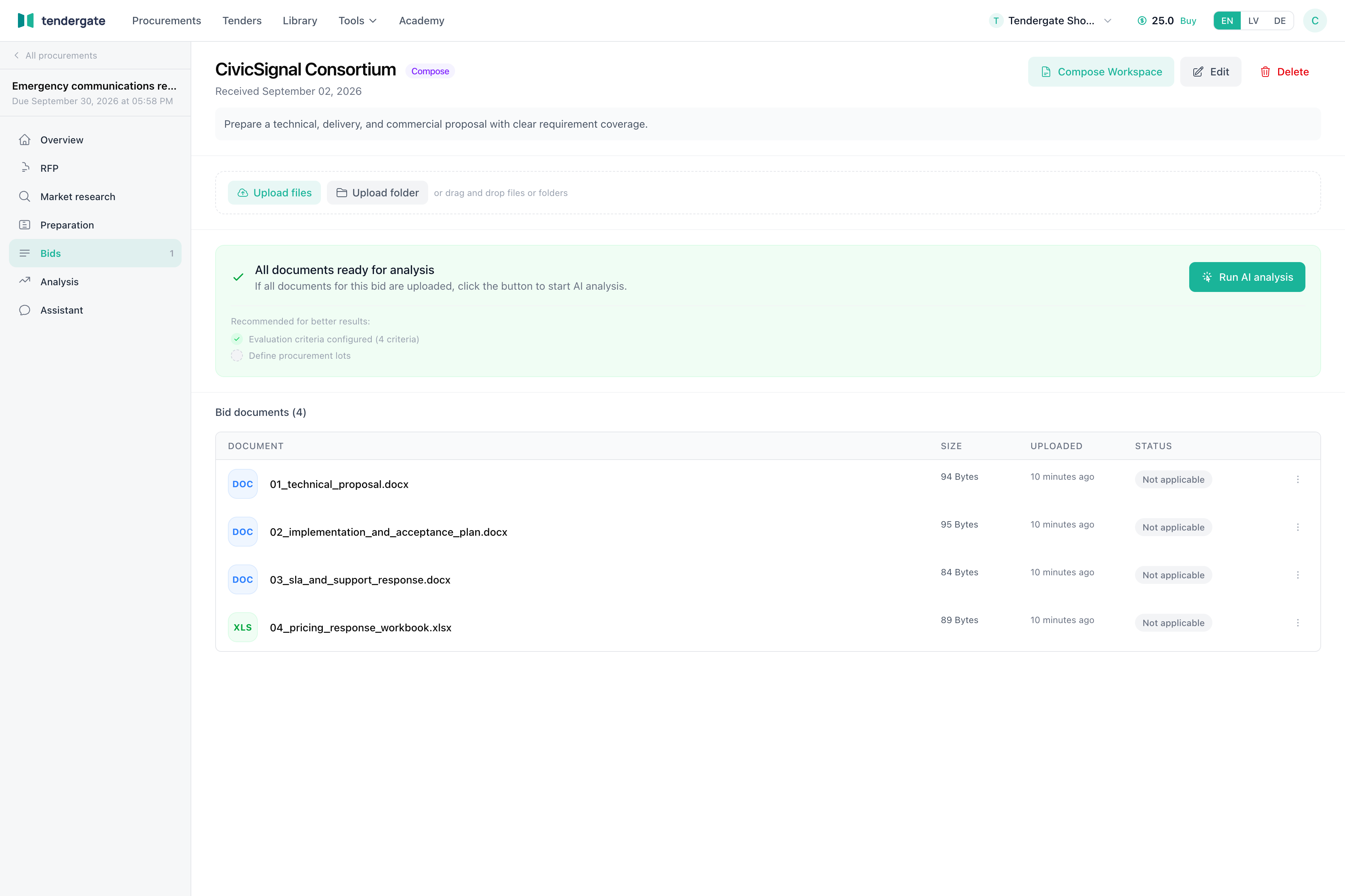 Compose bid workspace with generated proposal files and run analysis action.