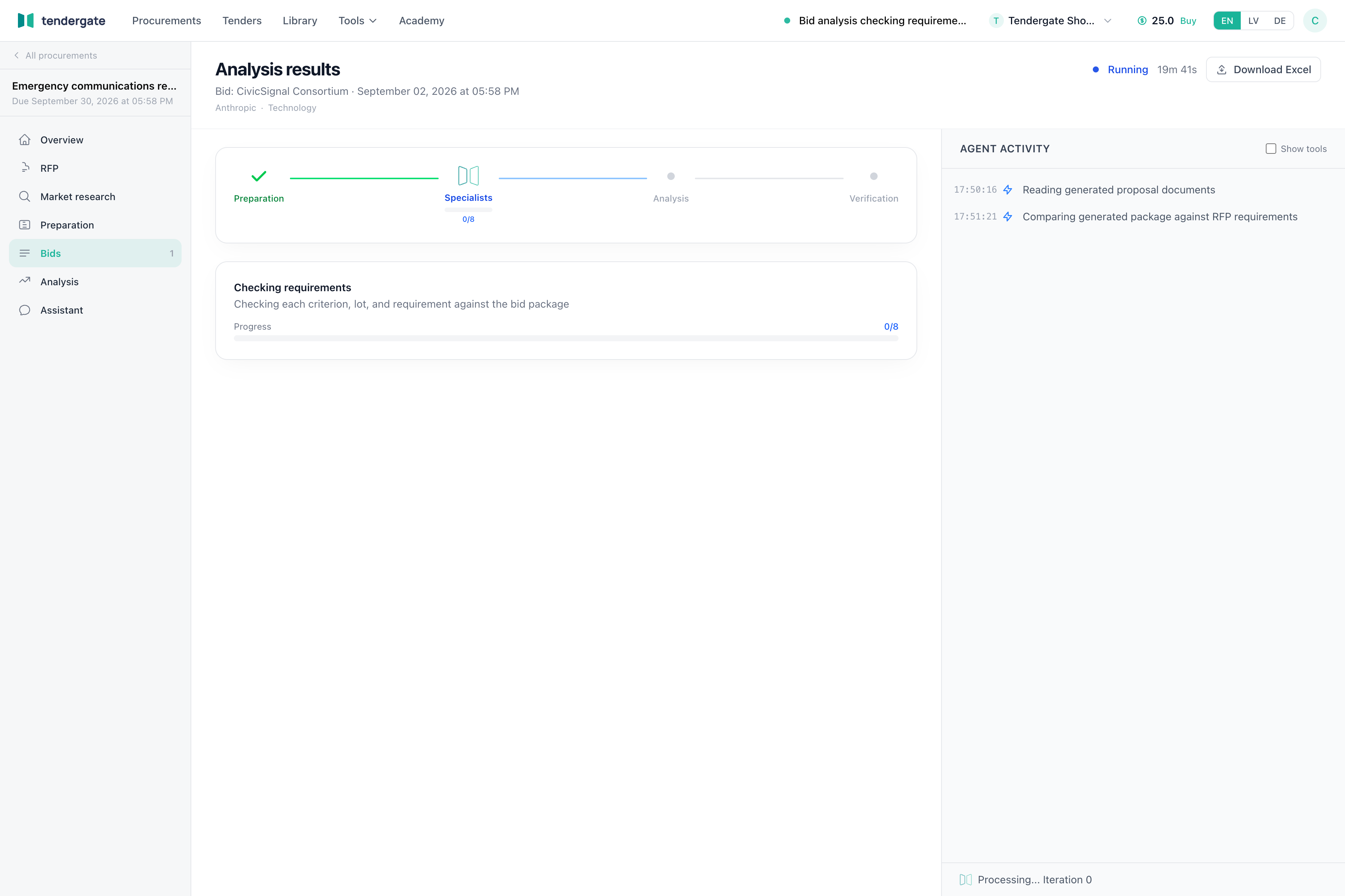 Analysis run screen for a generated bid package with phase status and activity feed.