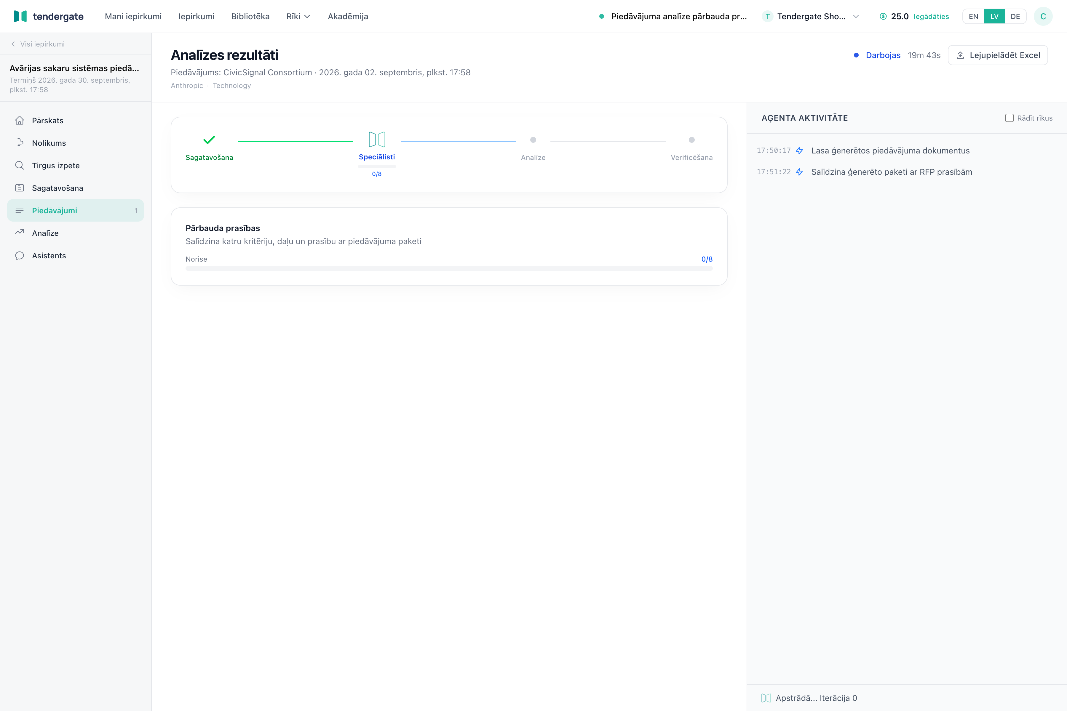 Analīzes izpildes ekrāns ģenerētai piedāvājuma paketei ar fāzes statusu un aktivitāti.