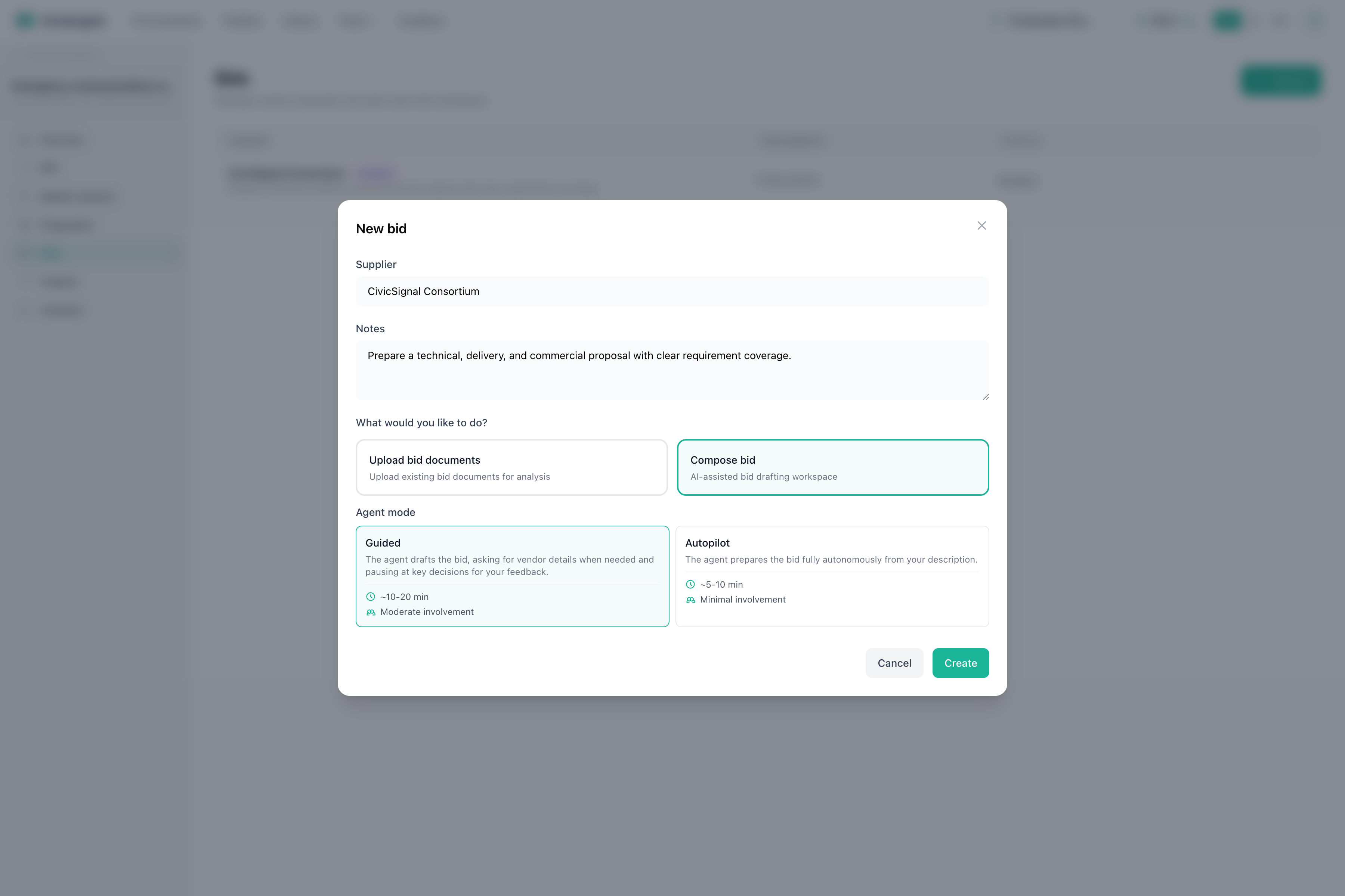 New bid form with compose bid selected.