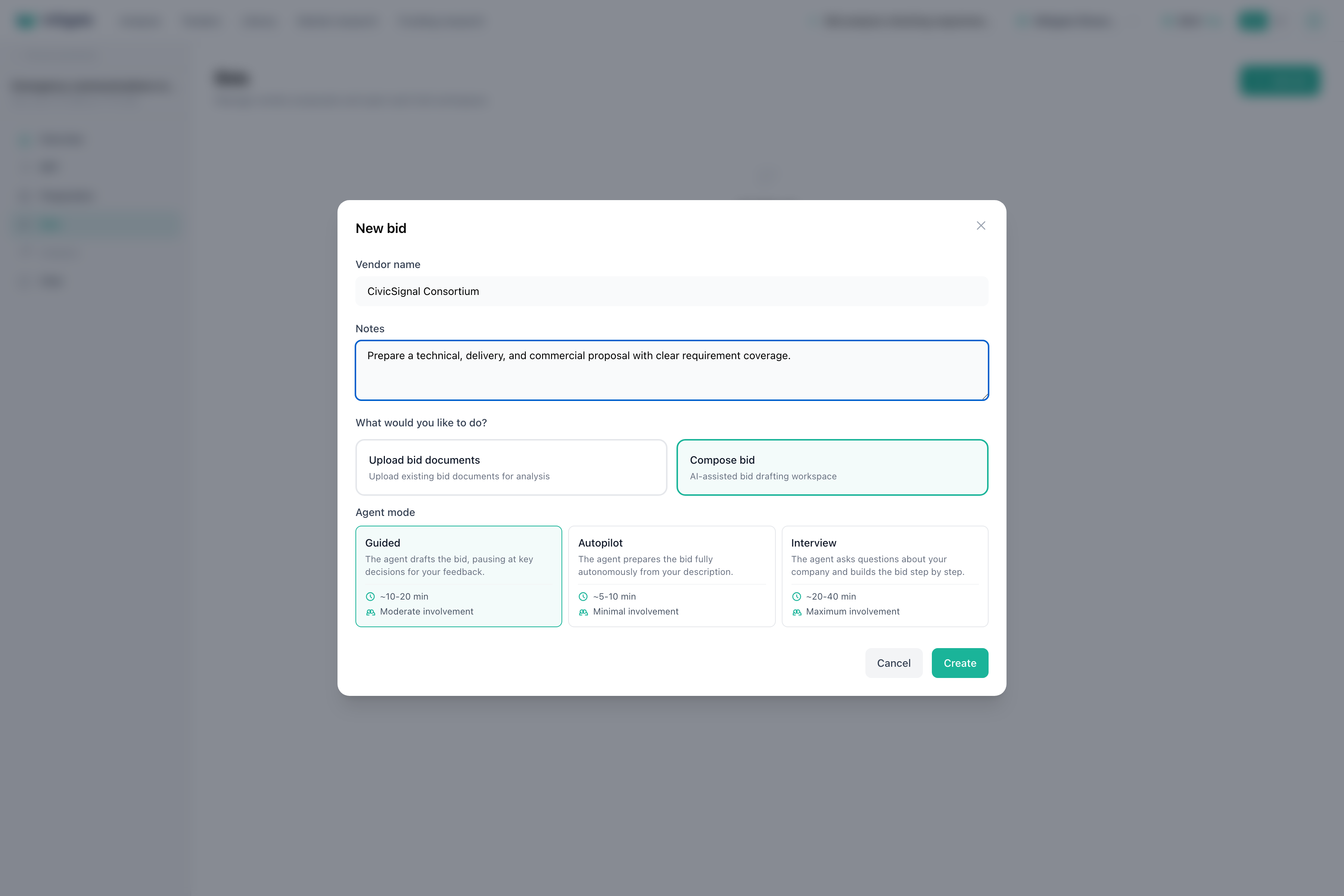 New bid form with compose bid selected.
