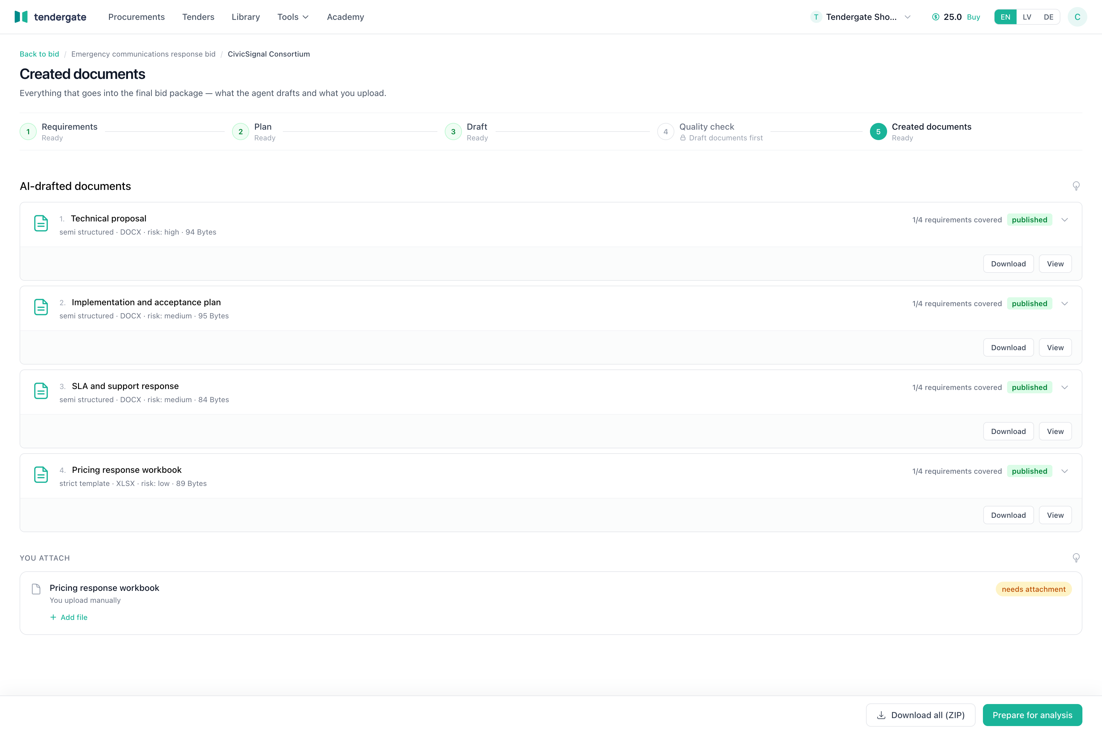 Generated bid documents screen with published documents and prepare for analysis action.