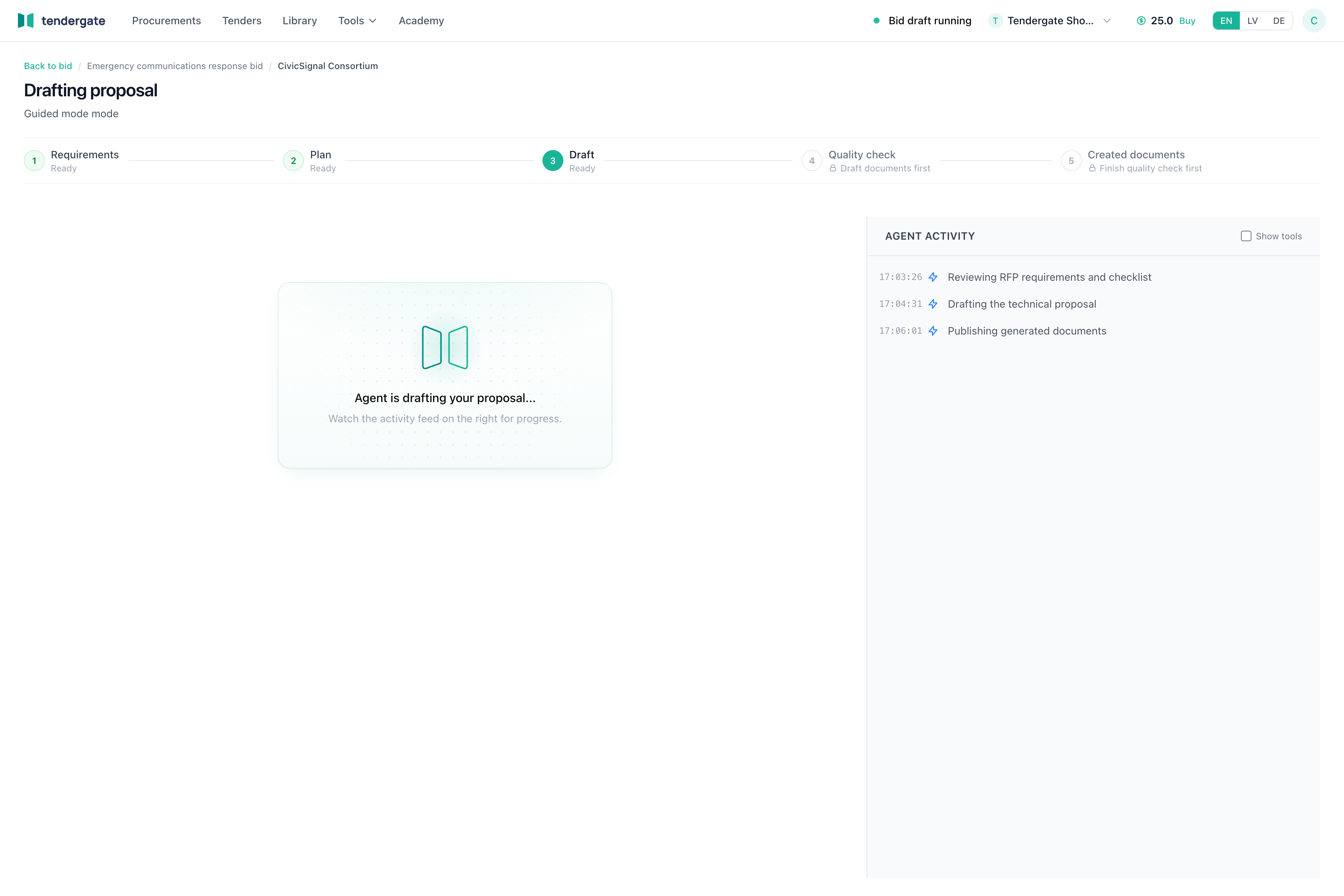 Bid drafting run screen with workflow stepper, active status, and activity feed.