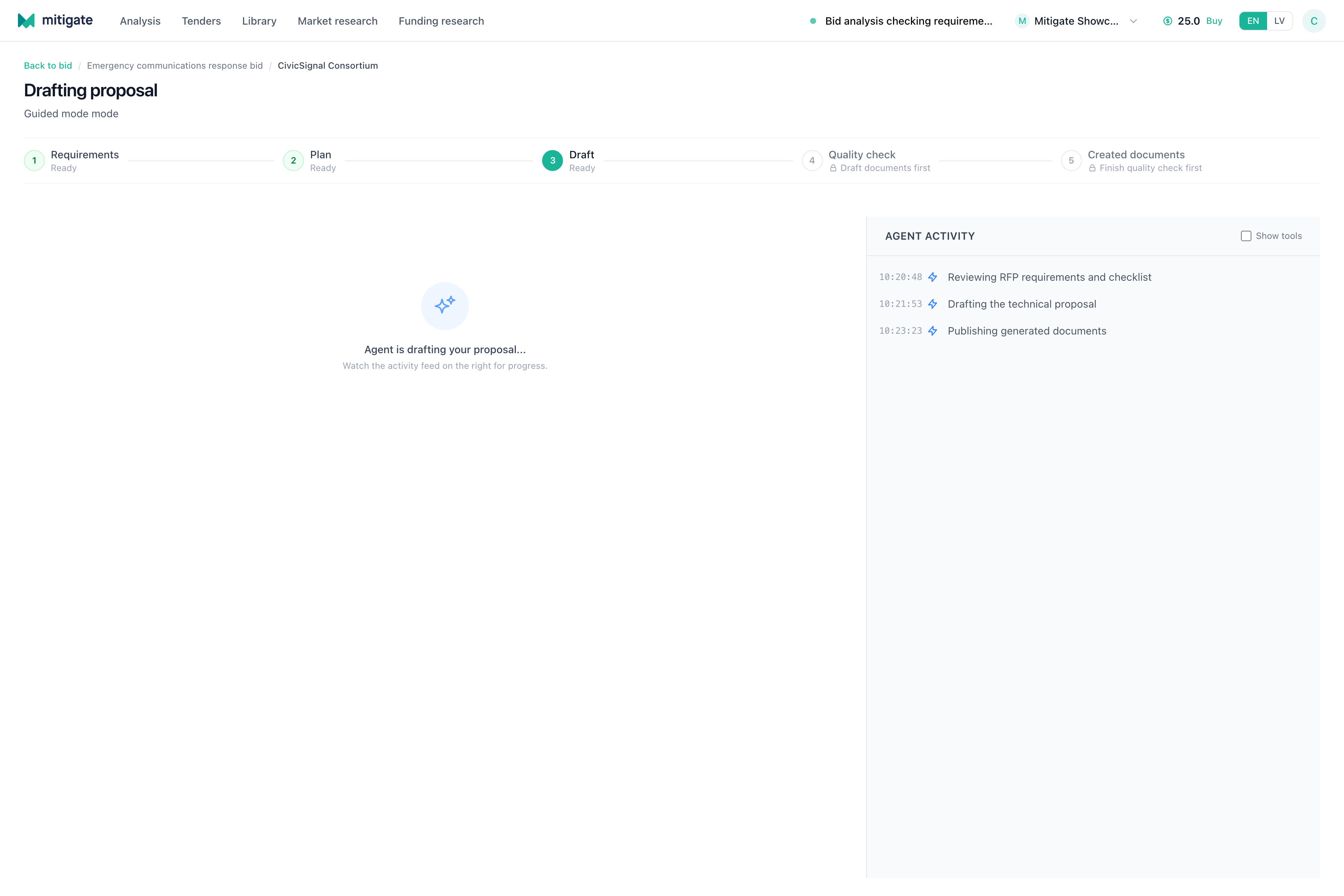 Bid drafting run screen with workflow stepper, active status, and activity feed.