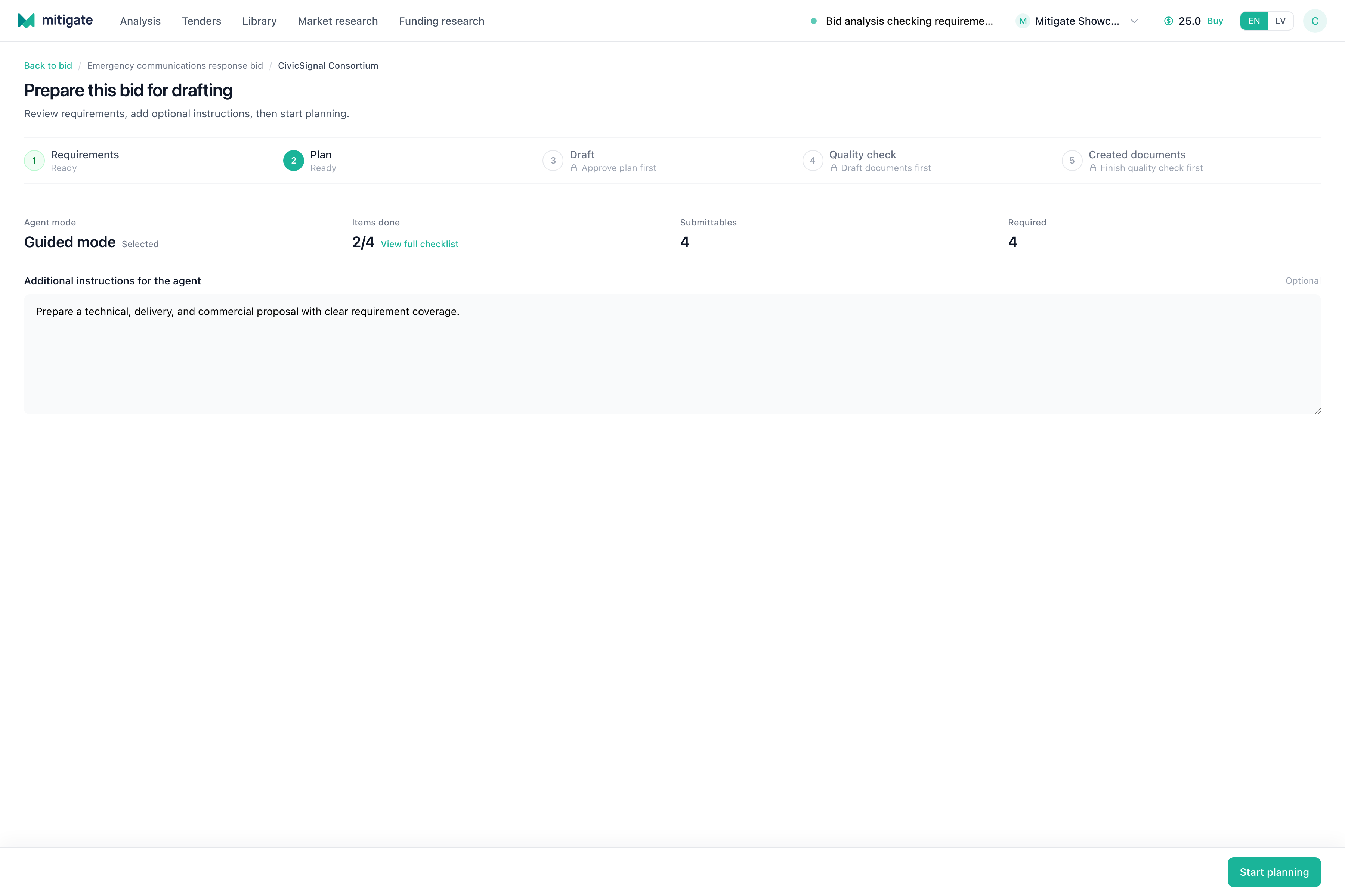 Bid composition setup screen with workflow steps, selected mode, notes field, and start action.