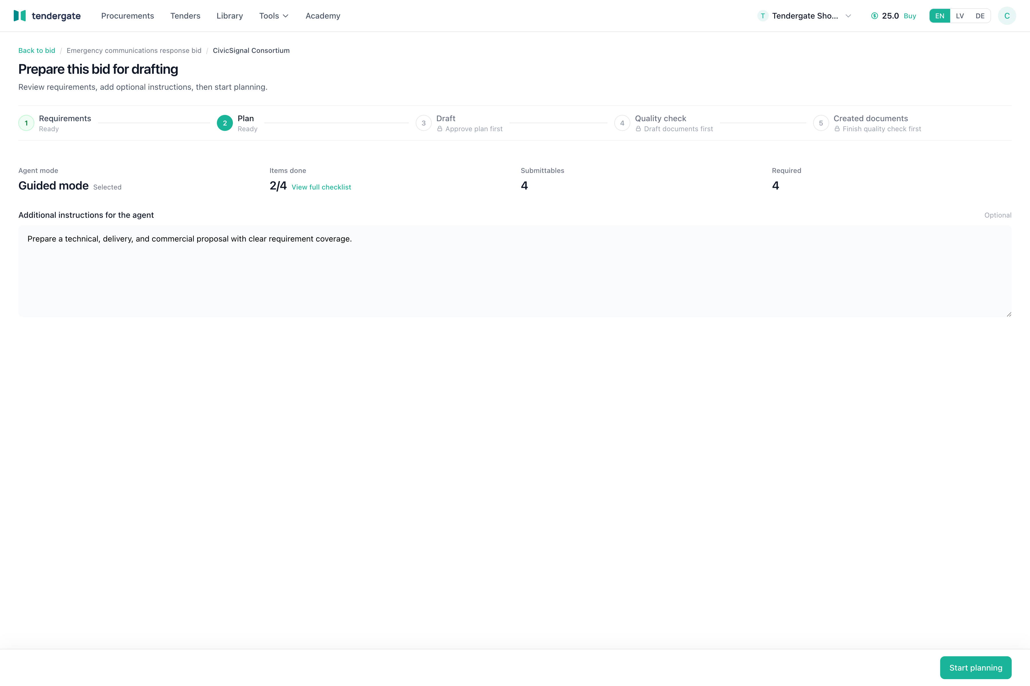 Bid composition setup screen with workflow steps, selected mode, notes field, and start action.
