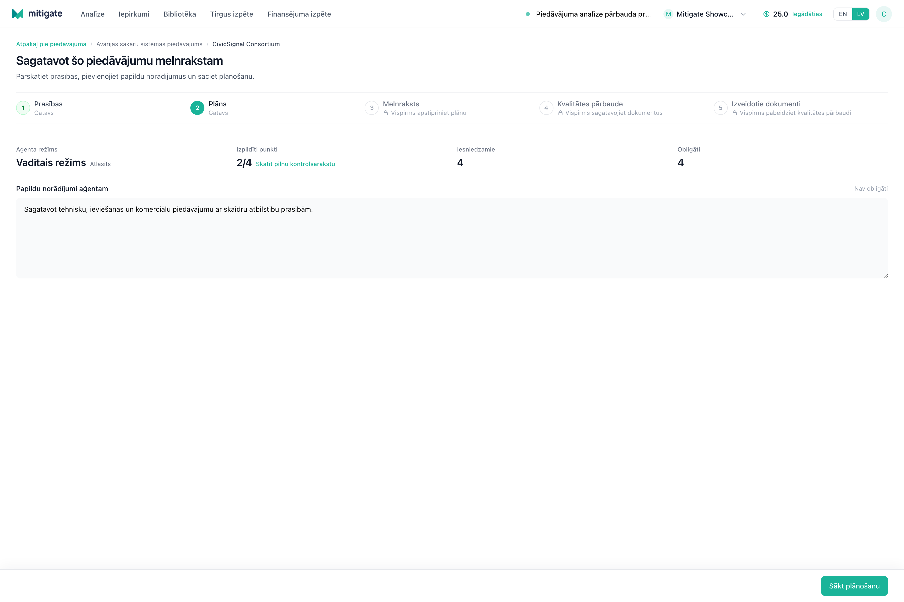 Piedāvājuma sagatavošanas iestatīšanas ekrāns ar soļiem, režīmu, piezīmju lauku un sākšanas darbību.