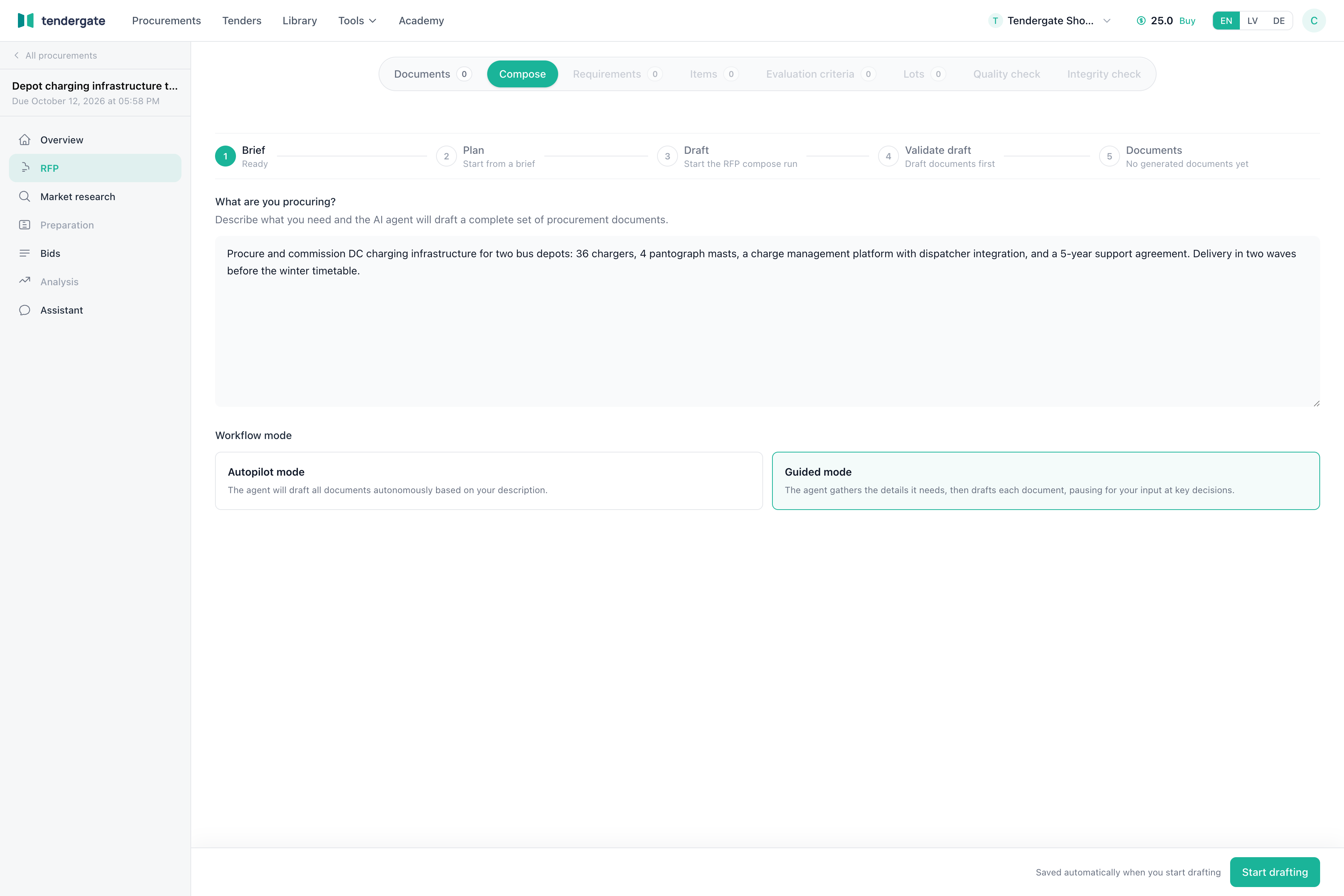 Compose tab with the procurement brief and the guided and autopilot workflow modes.