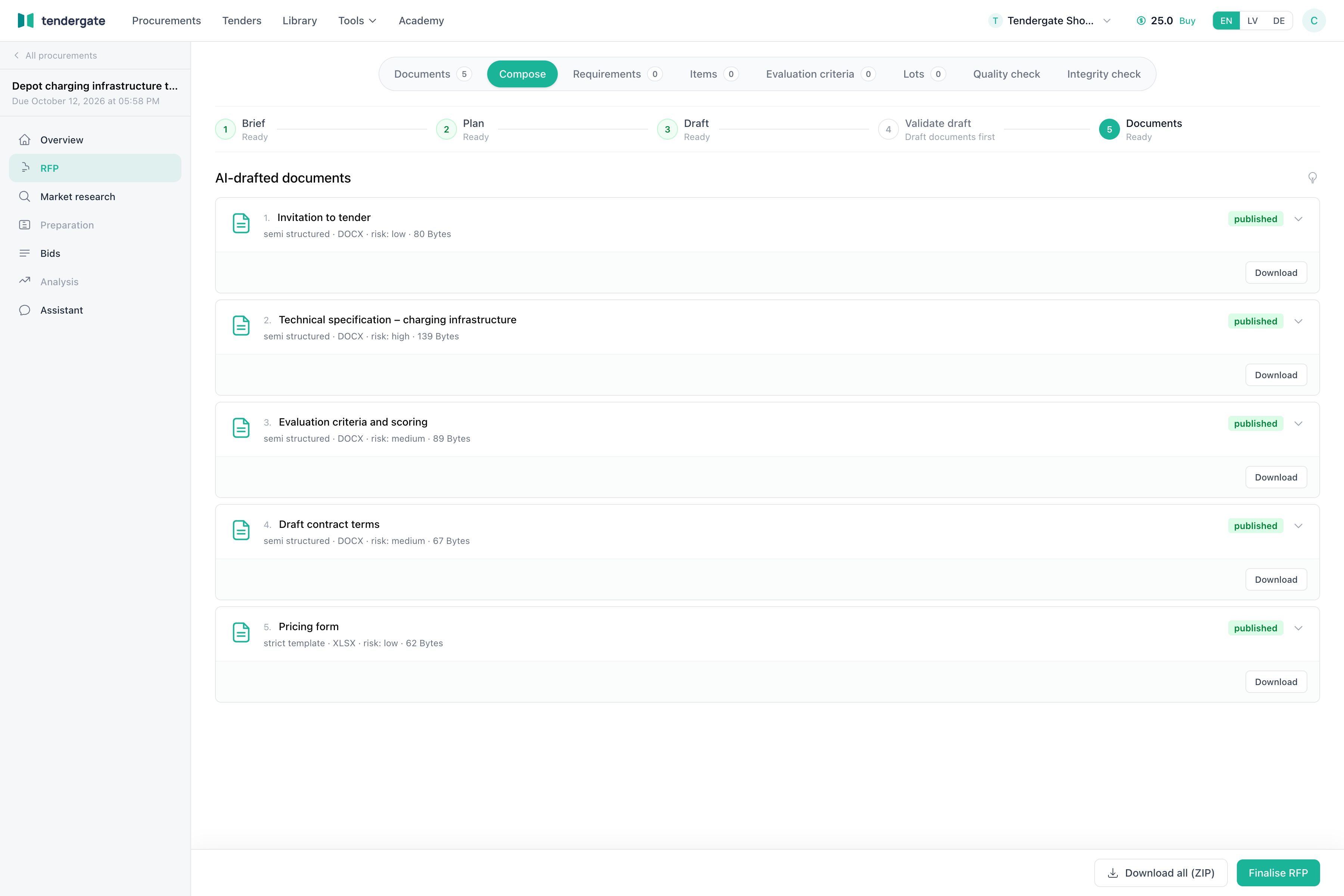Composed RFP documents with download actions and the Finalise RFP button.
