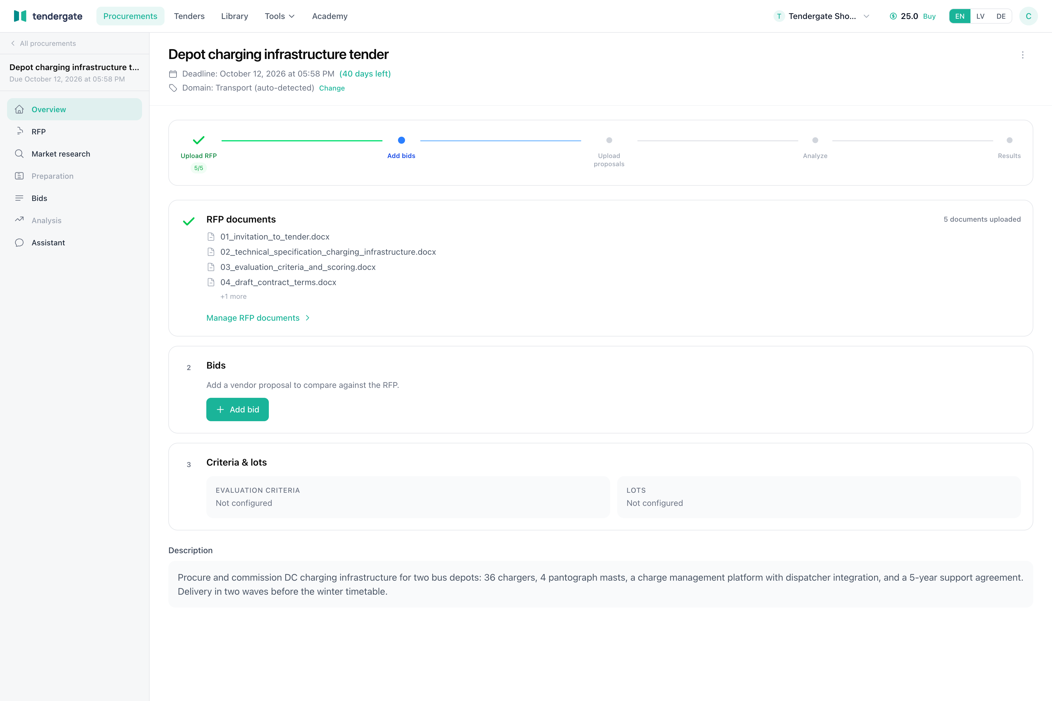 Procurement overview with composed RFP documents and the next suggested action.