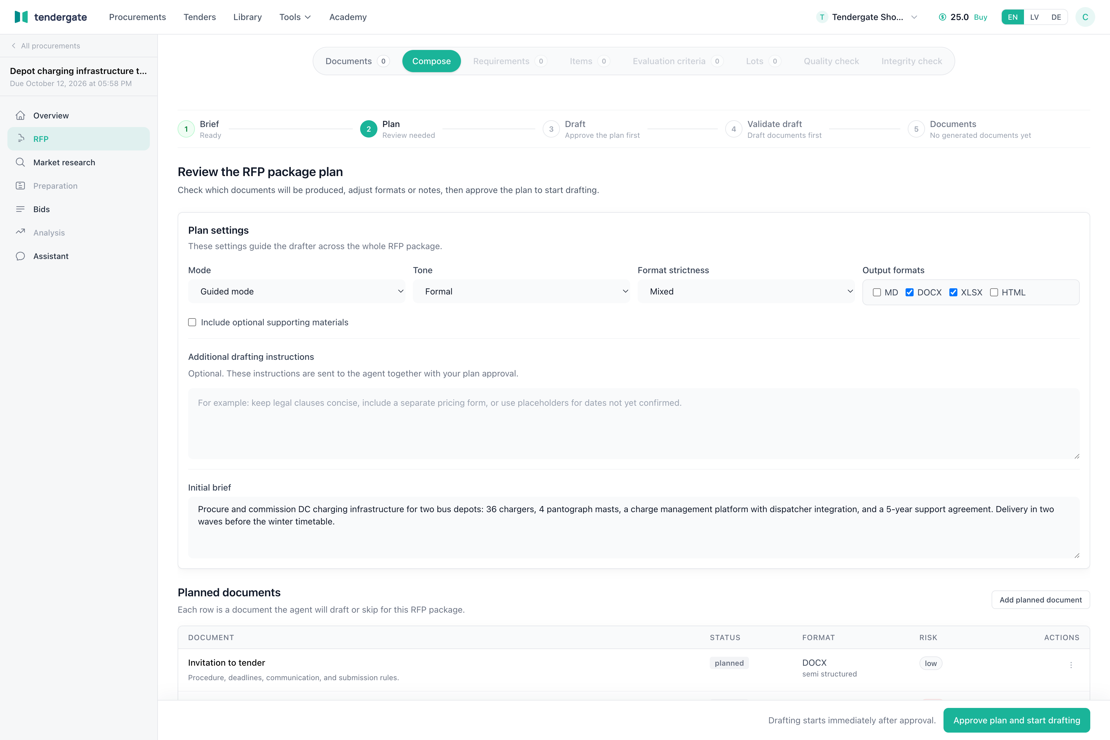 RFP compose plan with settings and the planned documents table awaiting approval.