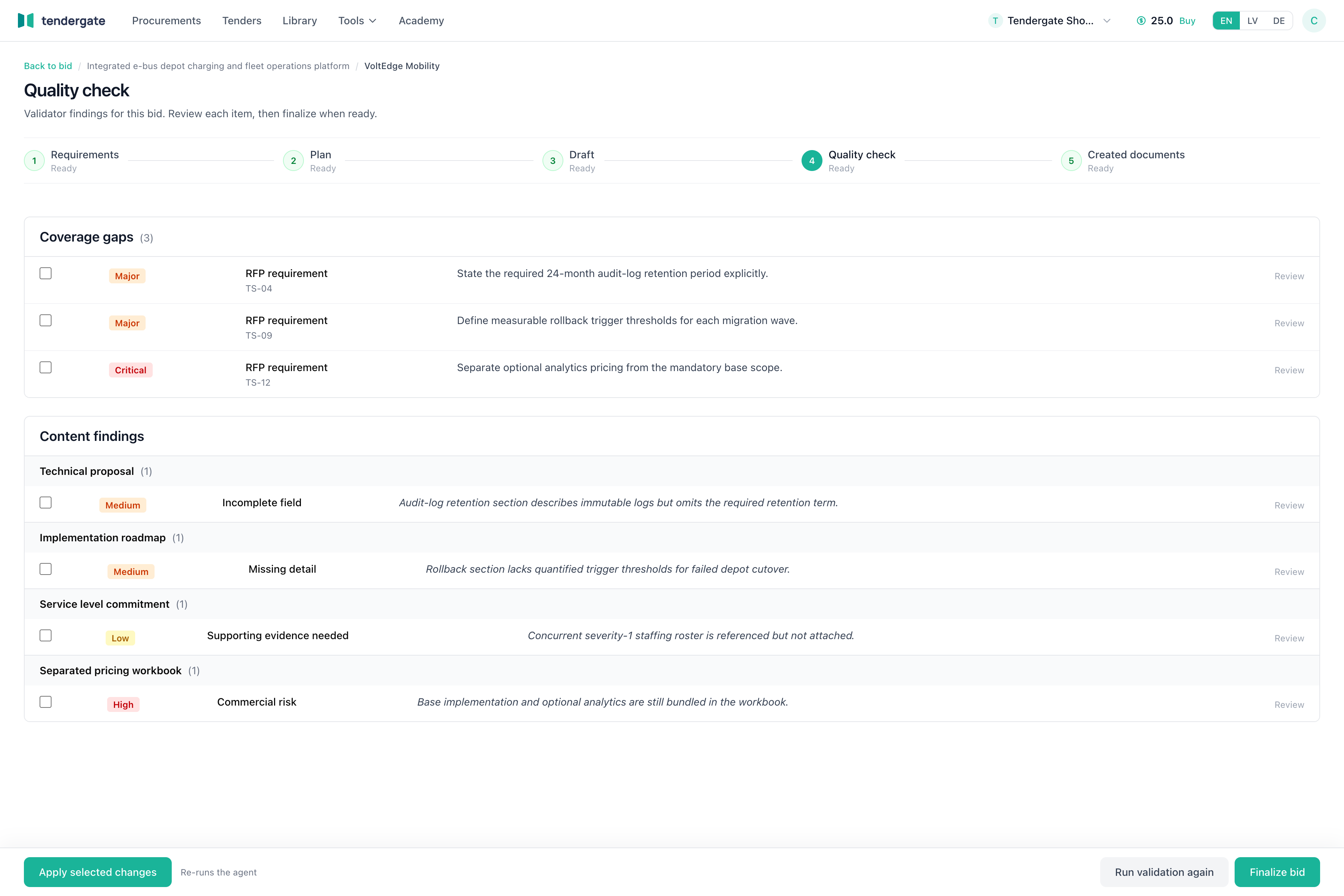 Document validation view with coverage gaps, content findings, and apply changes control.