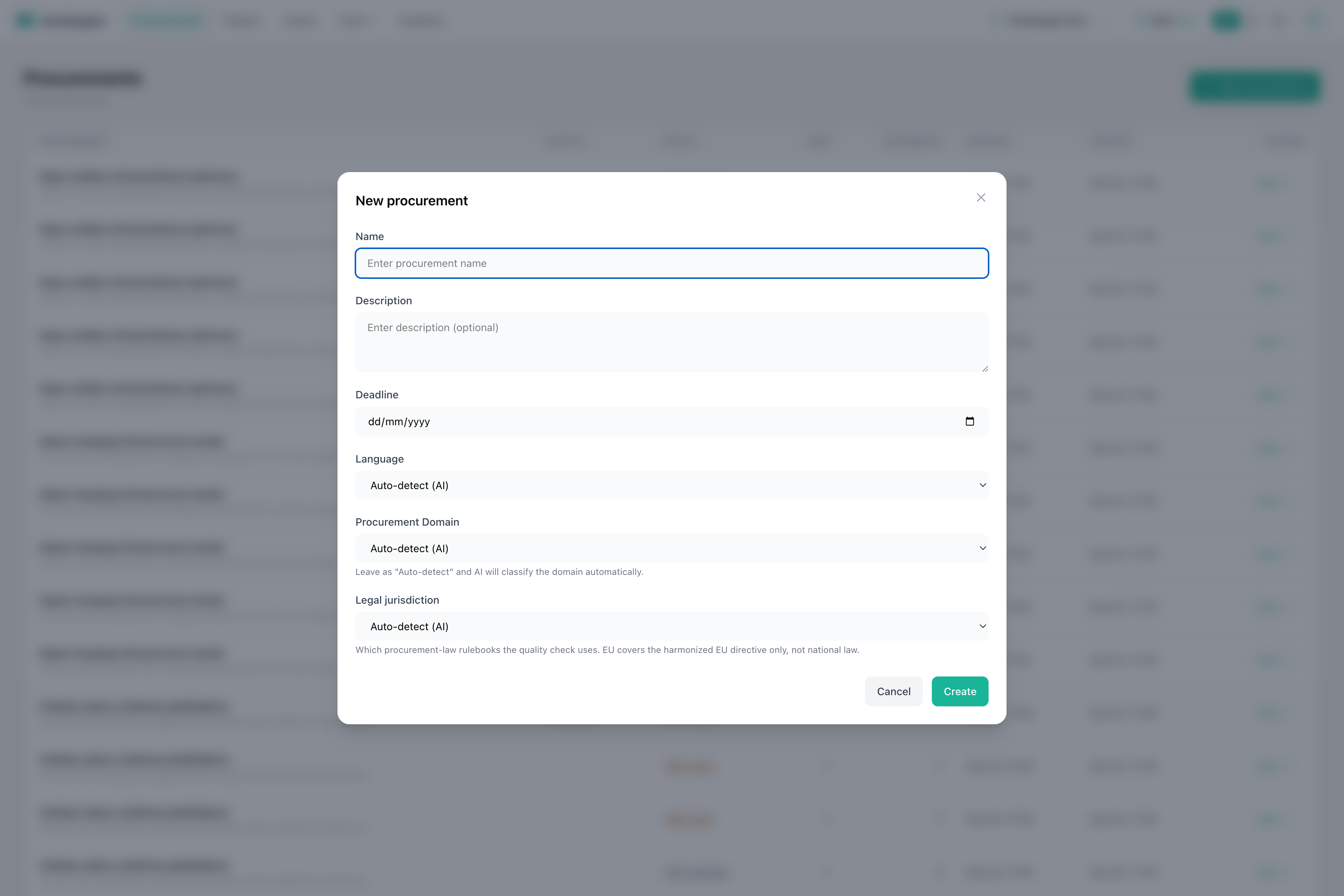 New procurement form opened over the procurement list.