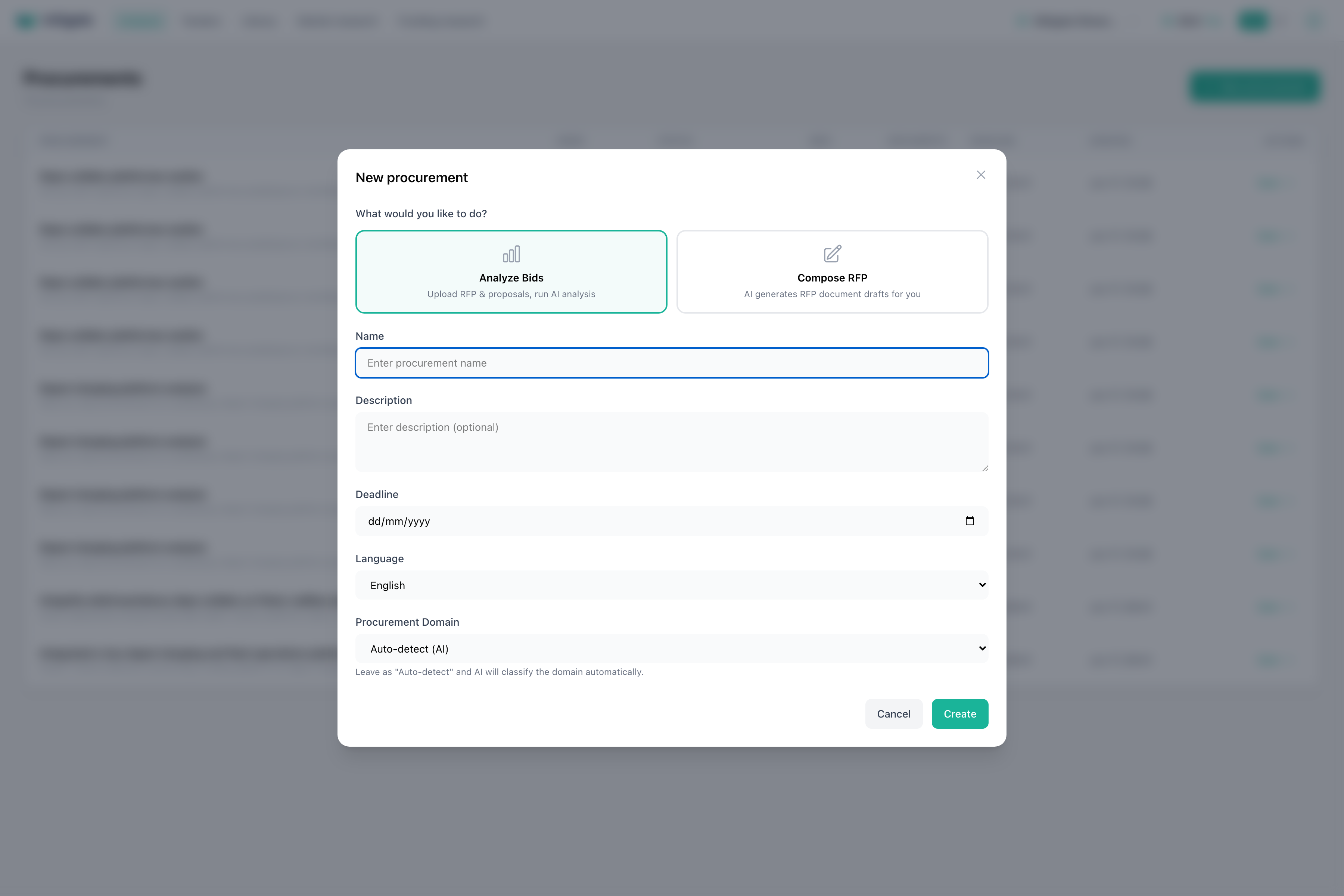 New procurement form opened over the procurement list.