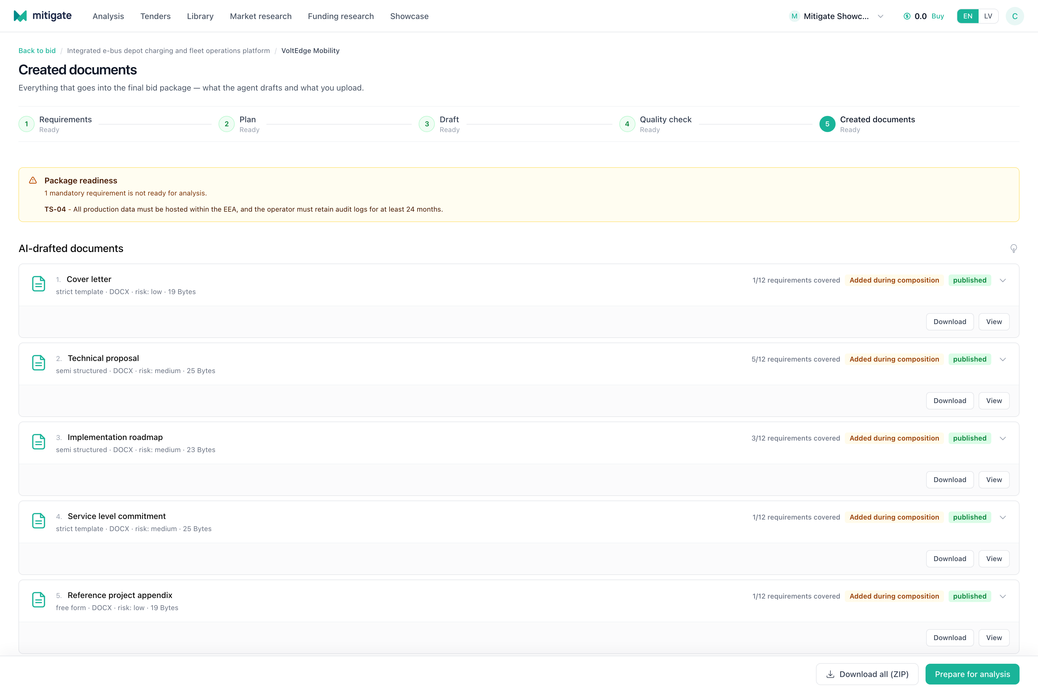 Created documents workspace with package readiness, drafted files, and next-step actions.
