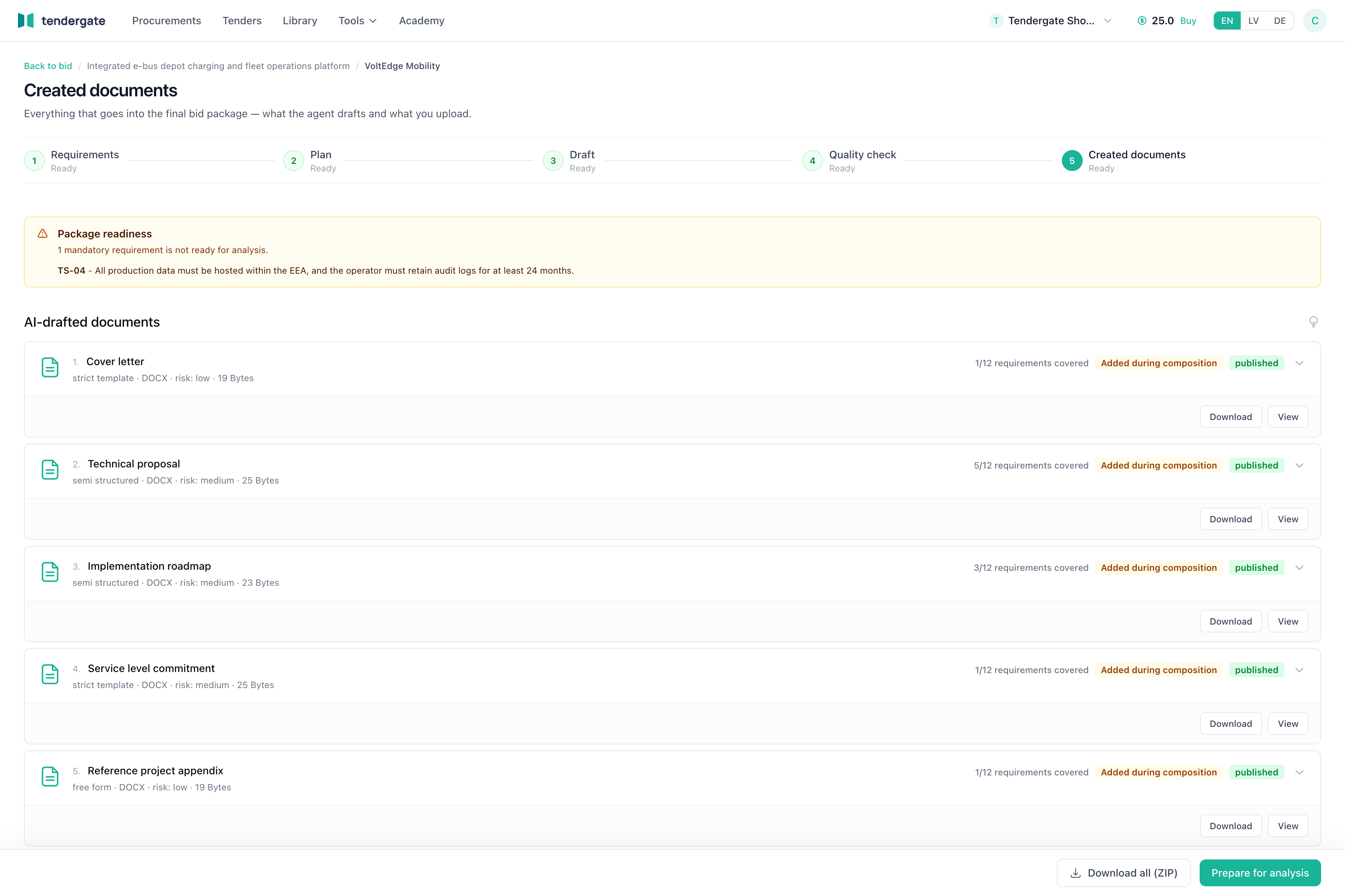 Created documents workspace with package readiness, drafted files, and next-step actions.