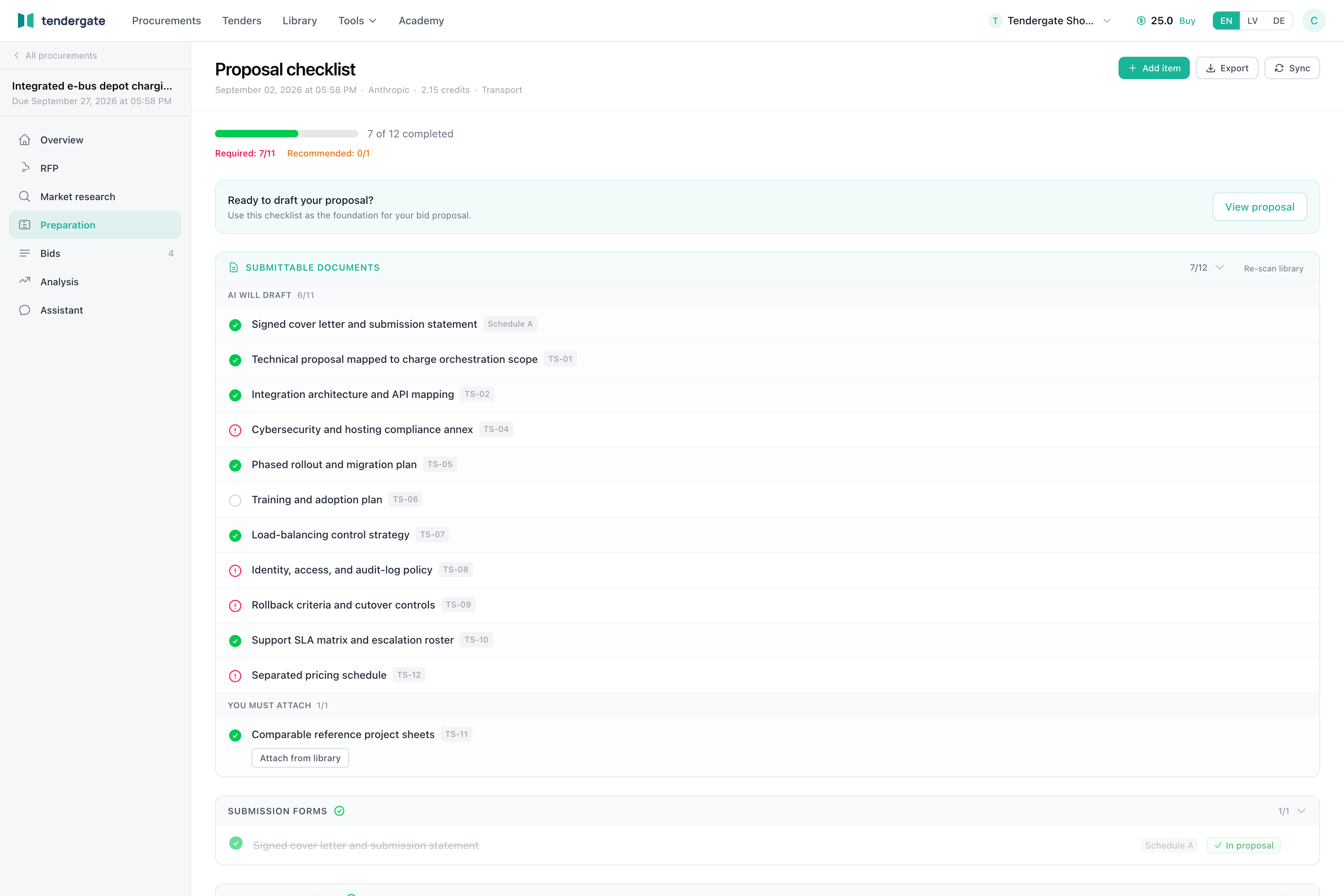 Preparation checklist with mandatory tasks, source links, submittable items, and status.