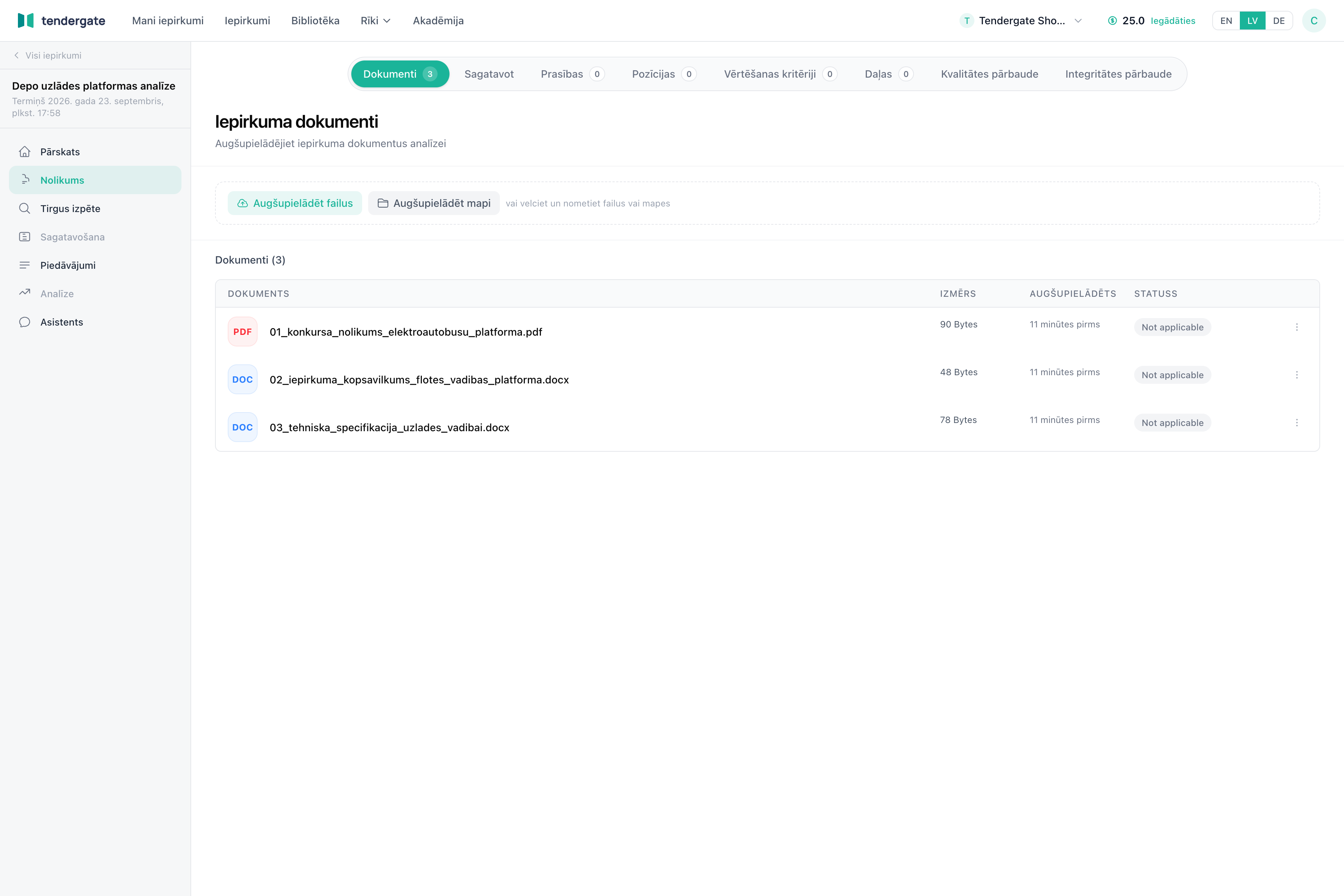 Nolikuma dokumentu lapa ar augšupielādētiem iepirkuma failiem un apstrādes statusiem.