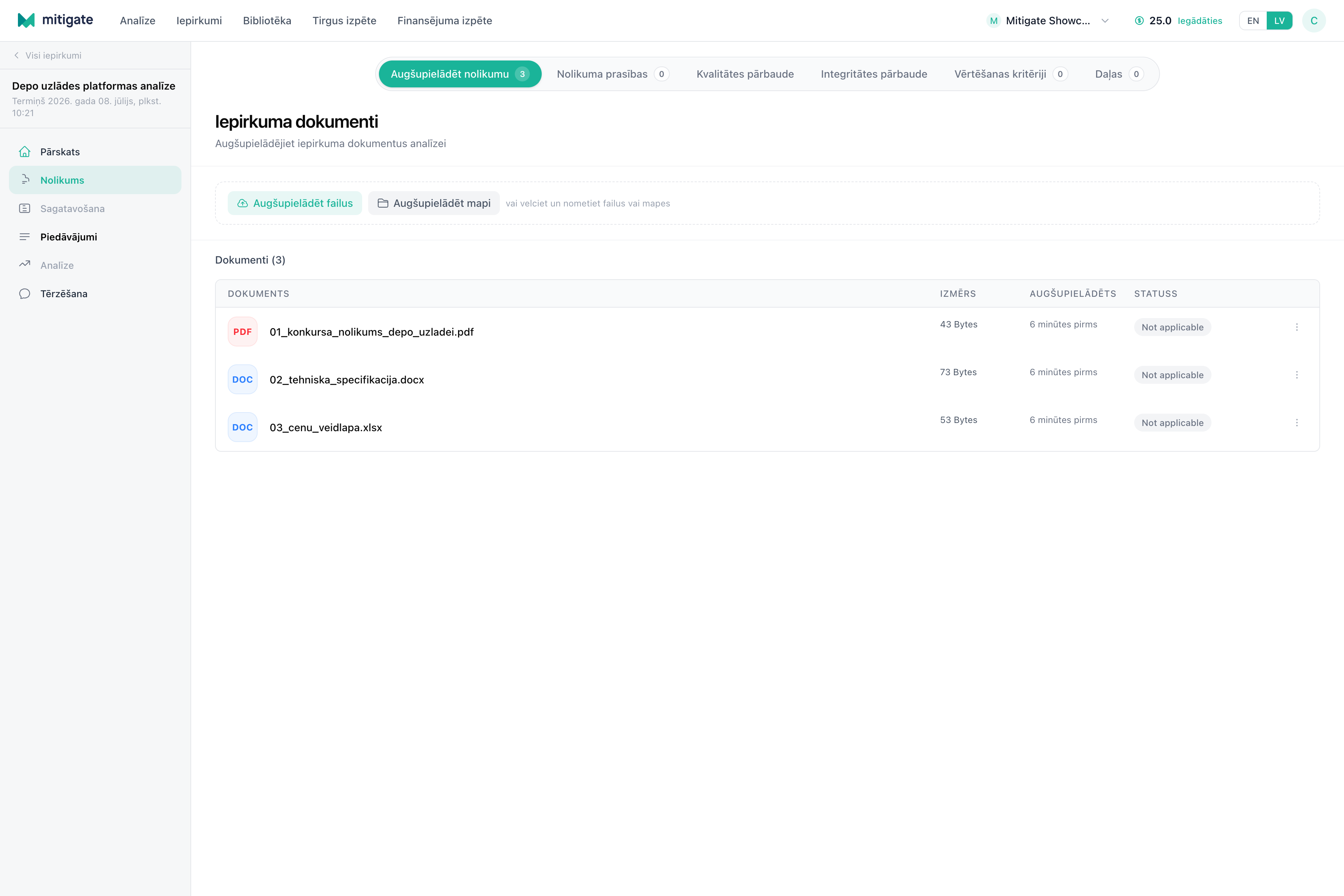 Nolikuma dokumentu lapa ar augšupielādētiem iepirkuma failiem un apstrādes statusiem.
