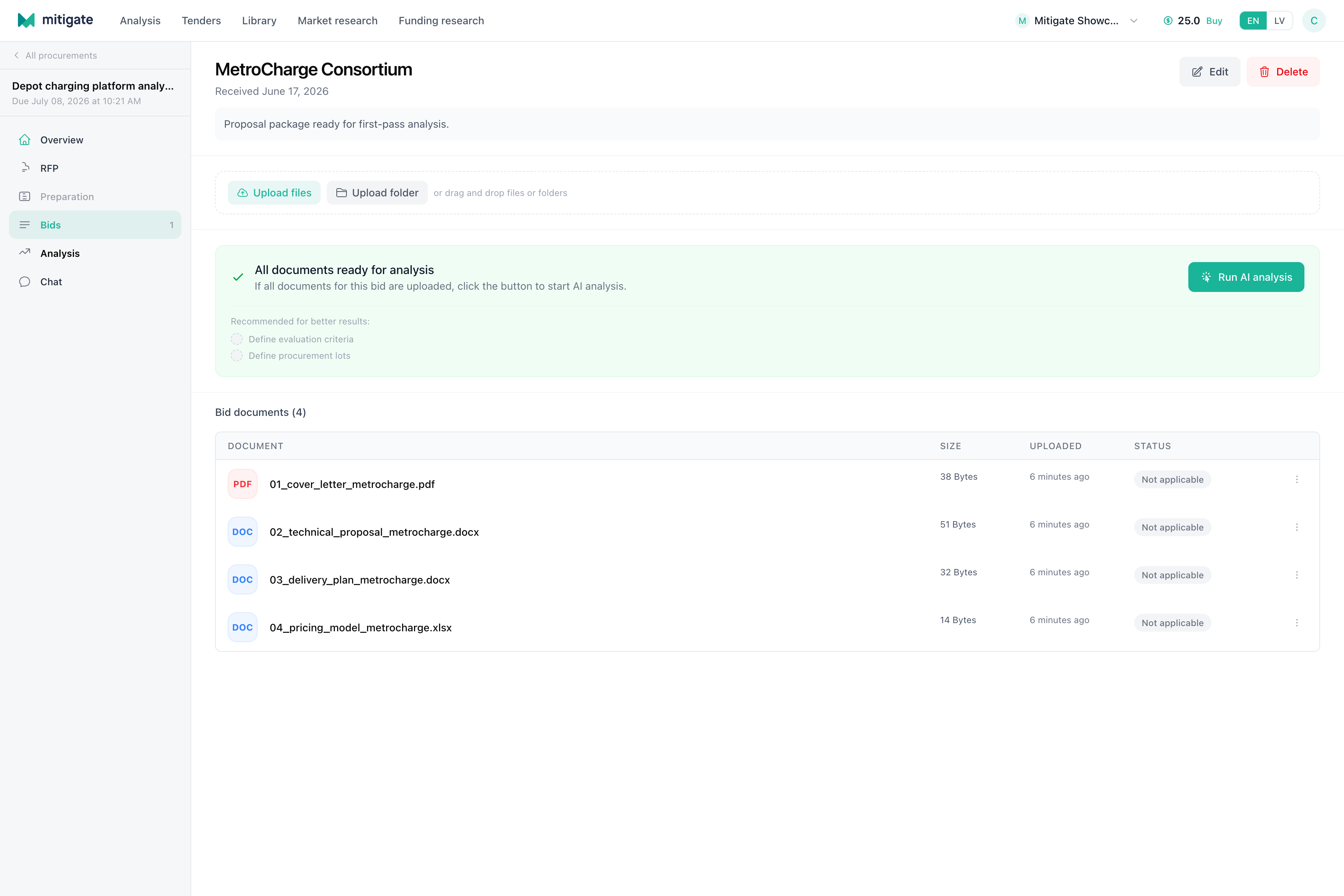 Bid workspace with uploaded proposal documents and run analysis action.