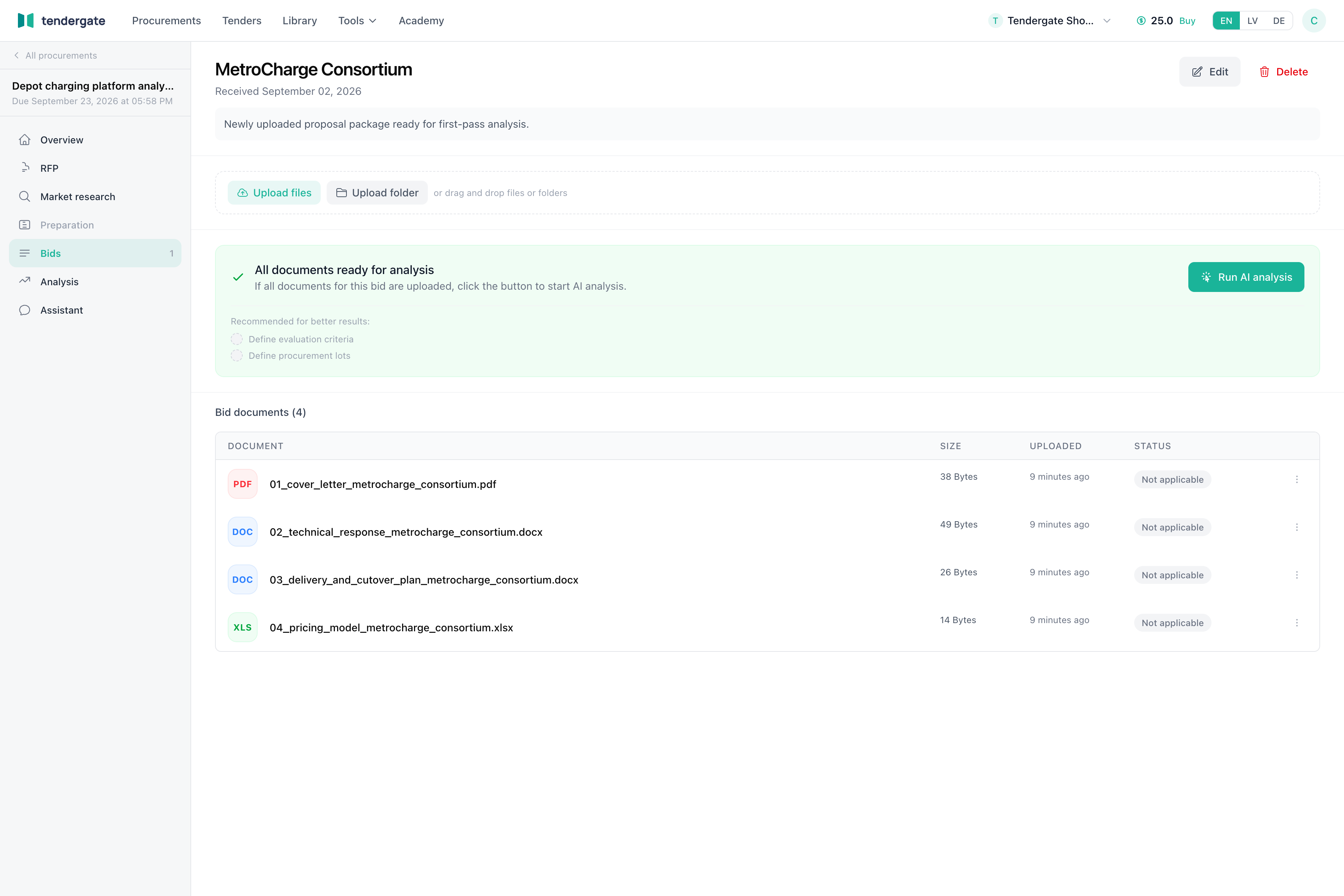 Bid workspace with uploaded proposal documents and run analysis action.