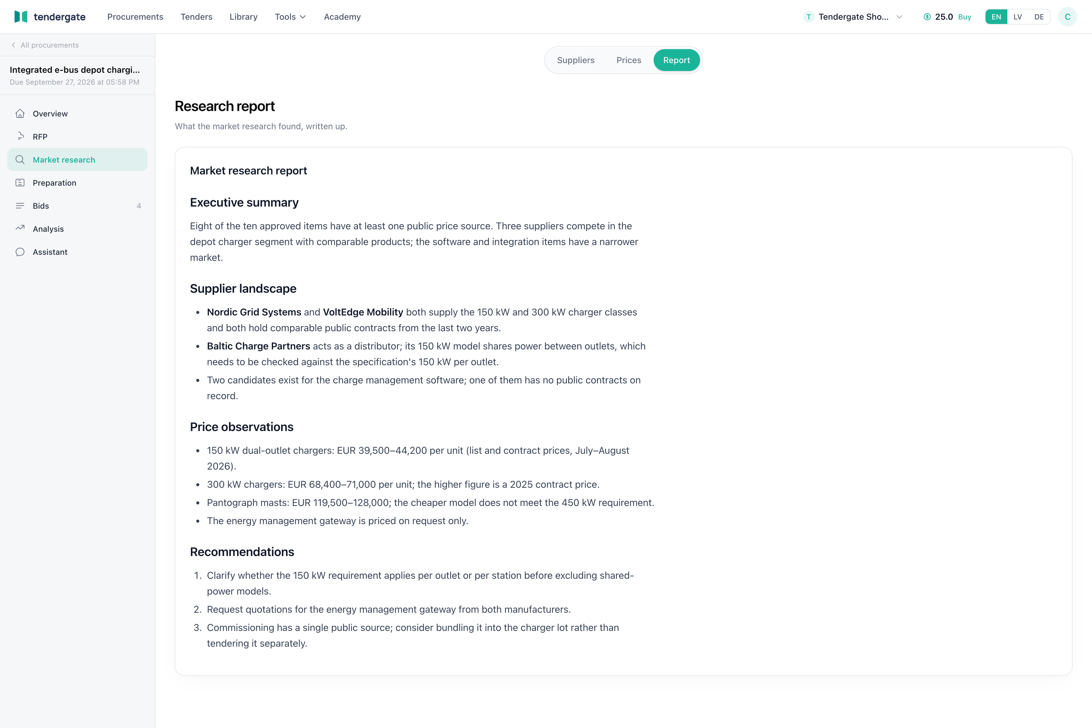 Report tab with the written market research report.
