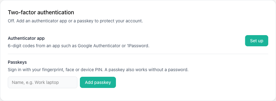 The Two-factor authentication card with the authenticator app and passkeys