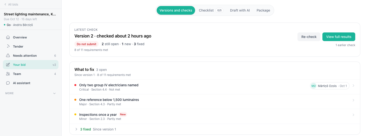Your bid with the latest check, what to fix since version 1, and the current version