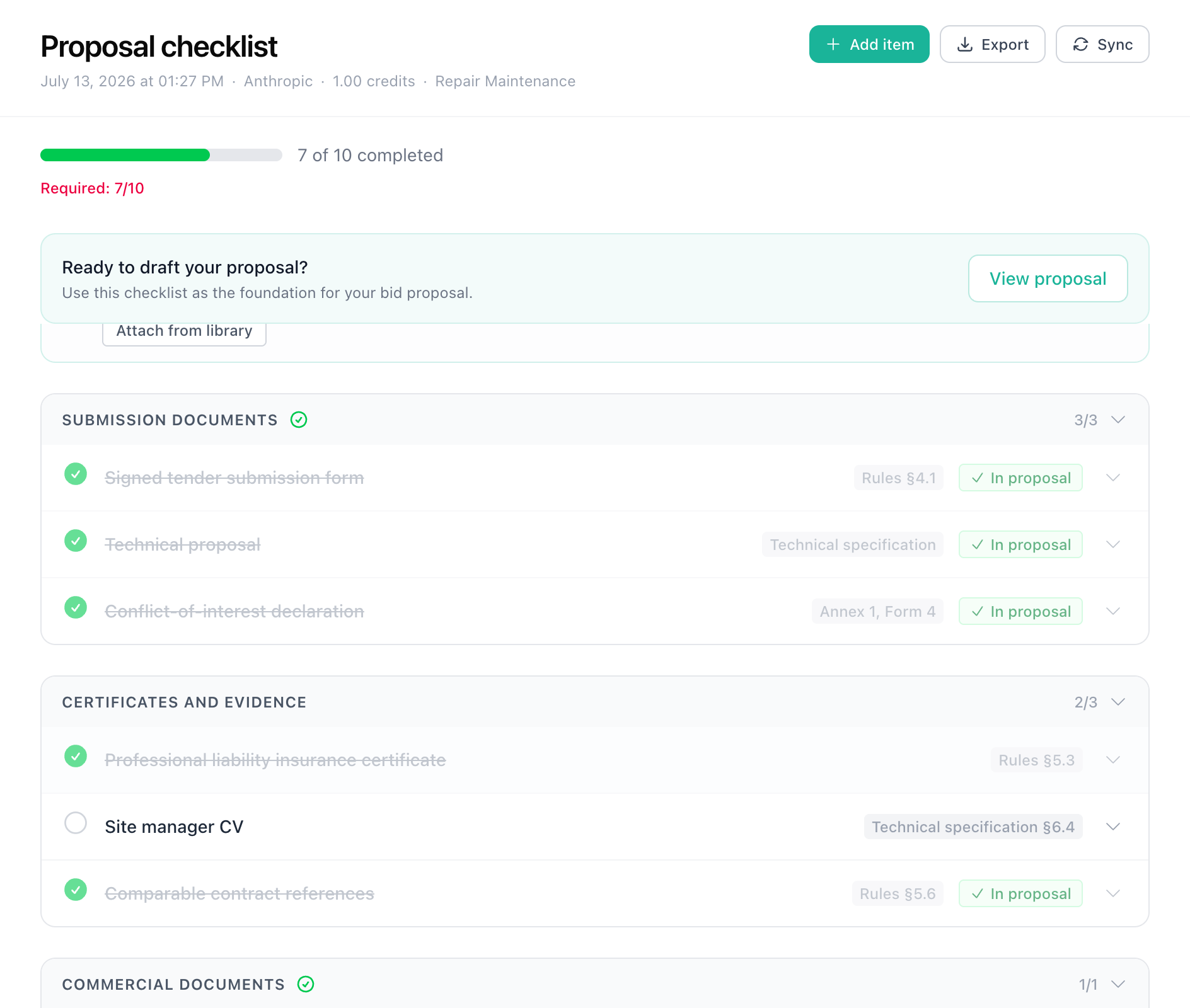 Checklist with items being toggled showing updated progress