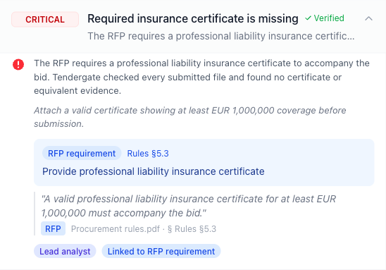 Expanded finding card showing description, recommendation, evidence quotes, and provenance badge