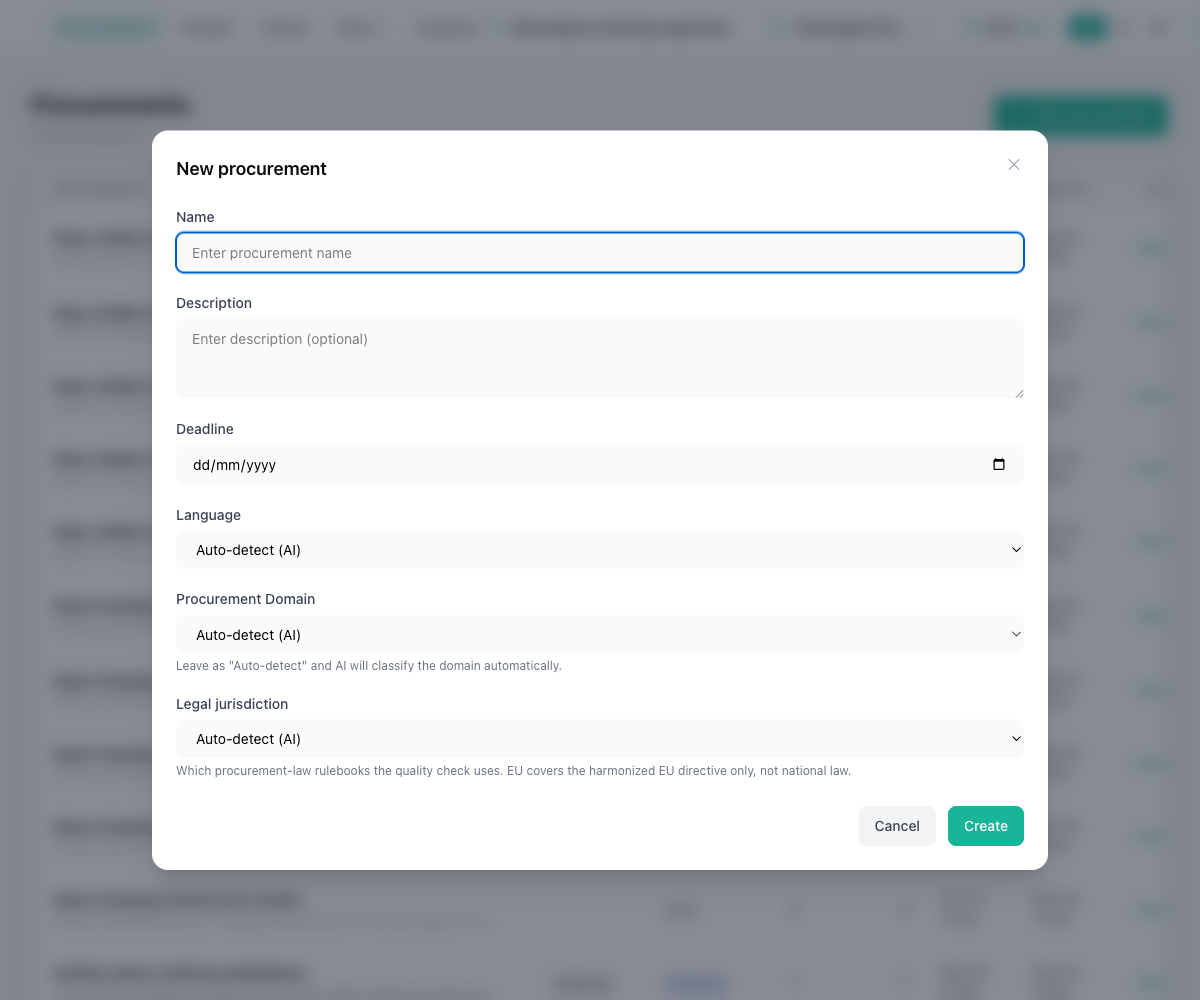 New procurement modal with name, description, deadline, language, domain, and legal jurisdiction fields