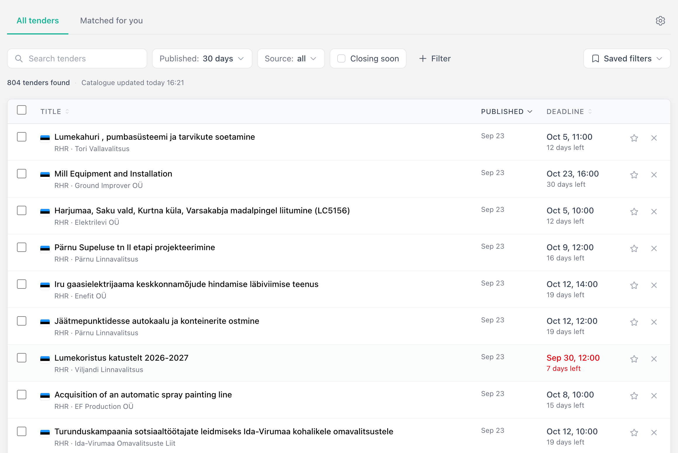 Tender catalogue with the filter row, country flags, sources, buyers, and deadlines
