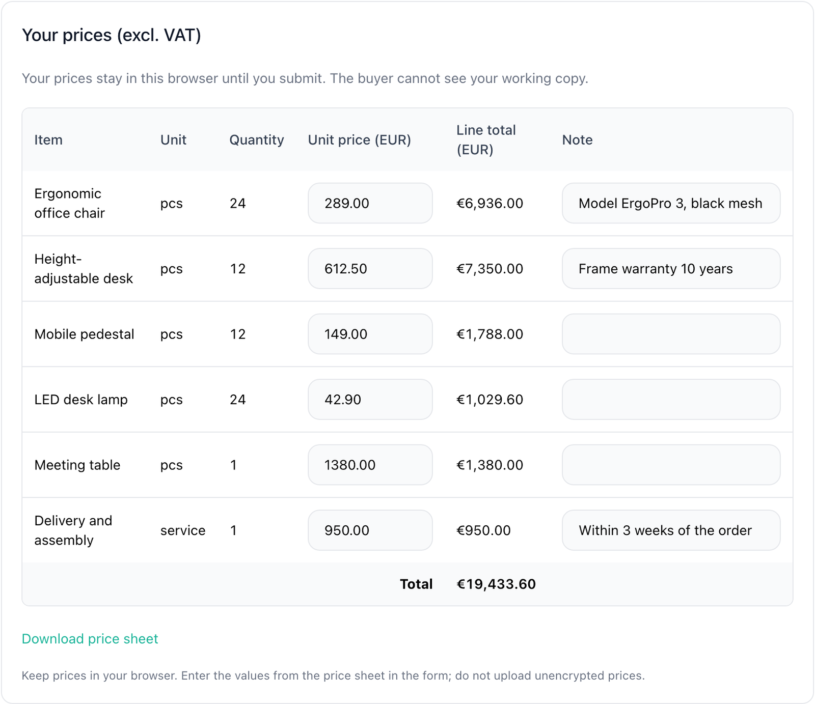 Your prices (excl. VAT) with the items, units and quantities, the unit prices entered, line totals, notes, the total and Download price sheet