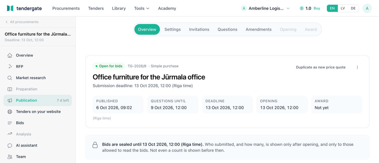 The Overview of a published price quote: Open for bids, the reference number and Simple purchase, Duplicate as new price quote, the timeline from Published to Award, and the card saying the bids are sealed until the deadline
