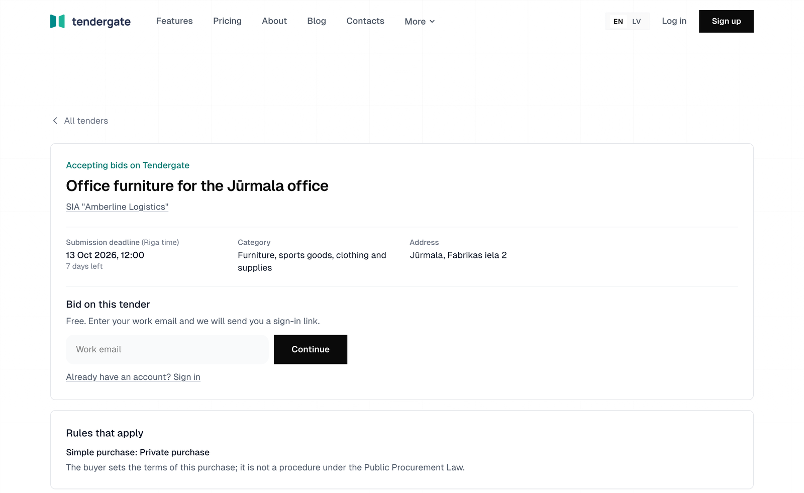 A public tender page with Accepting bids on Tendergate, the title, the buyer, the deadline, the Bid on this tender box with a work email field, and the Rules that apply section