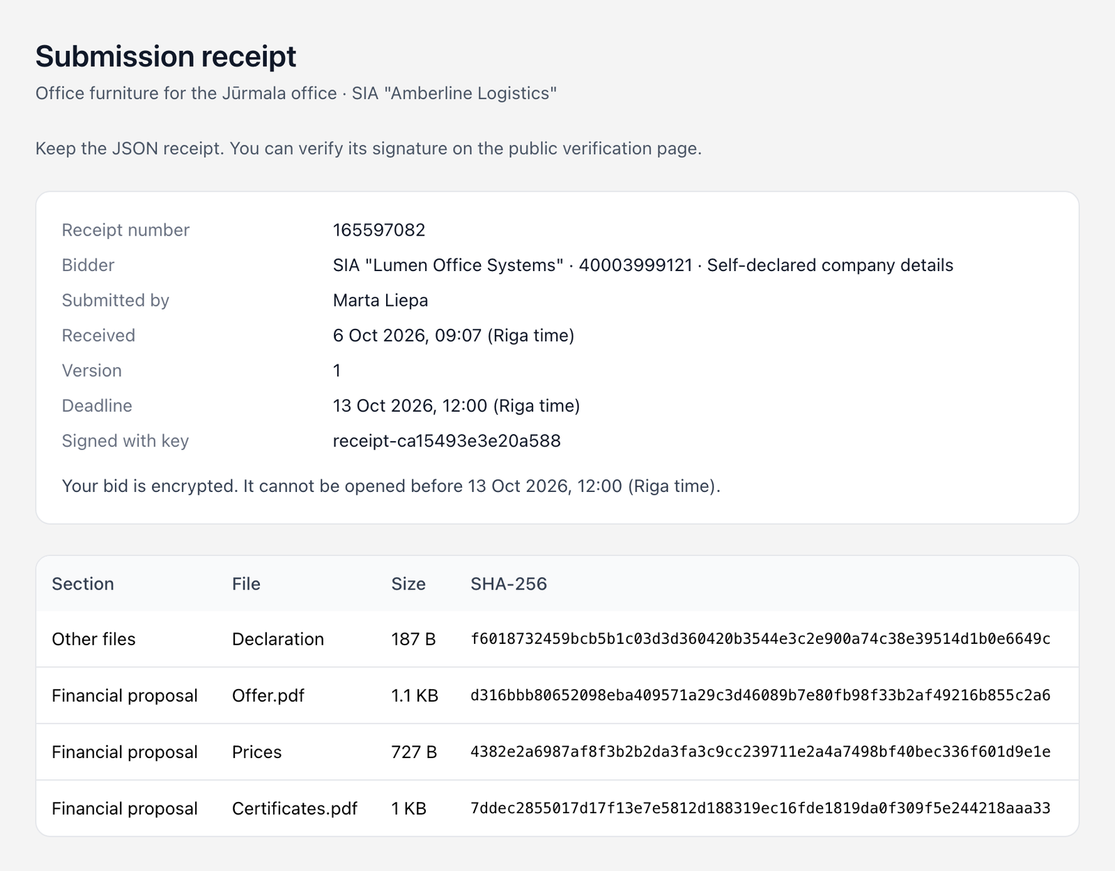 A submission receipt with the receipt number, bidder, submitter, time received, version, deadline and signing key, and a table of sections, files, sizes and SHA-256 fingerprints