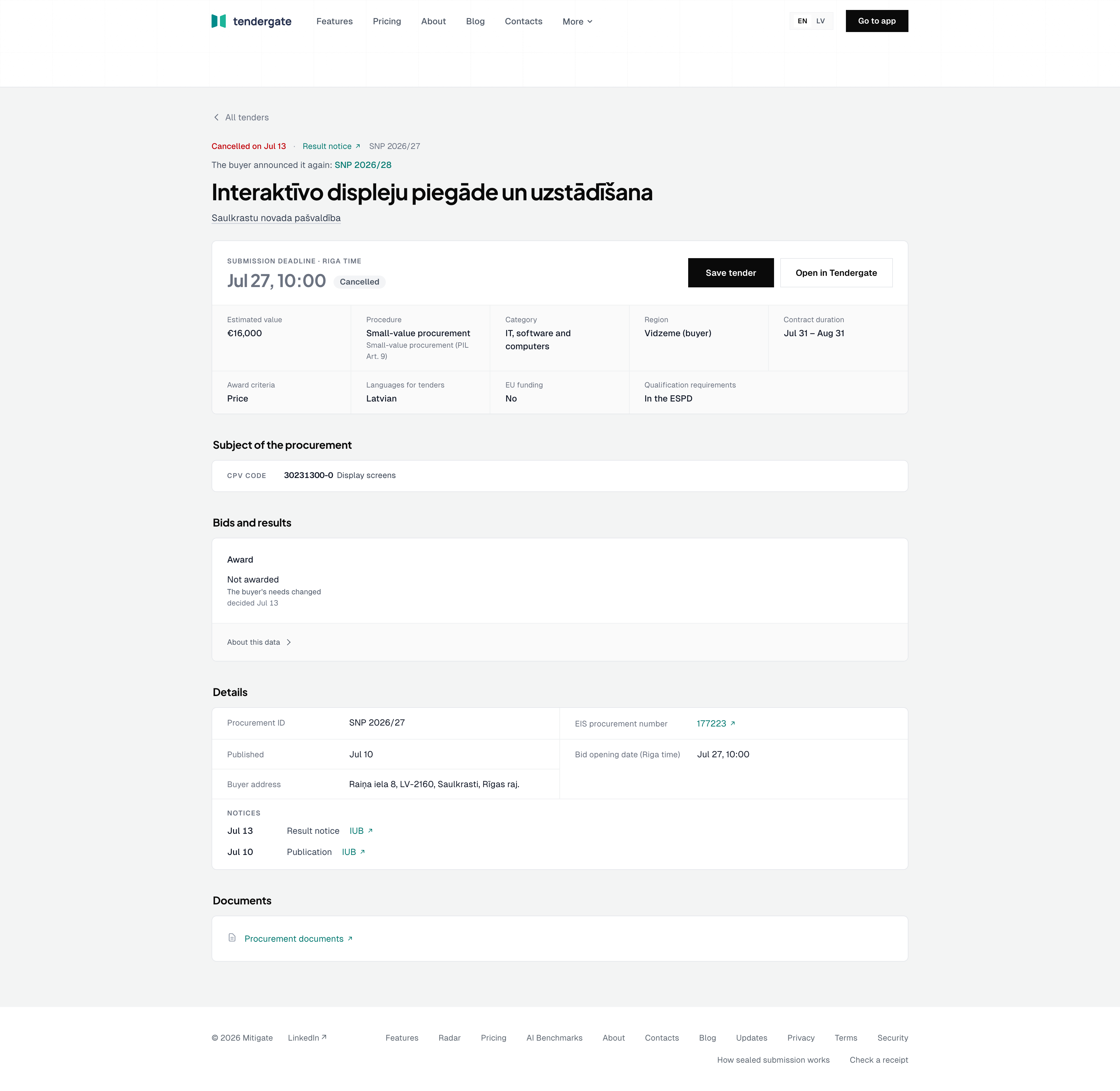 A cancelled tender with a relaunch link, key facts, results, and notices inside Details