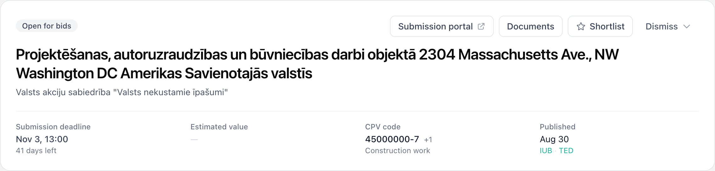 A tender header with the status, the actions, the deadline with days left, the CPV code and the two sources the procedure was published in